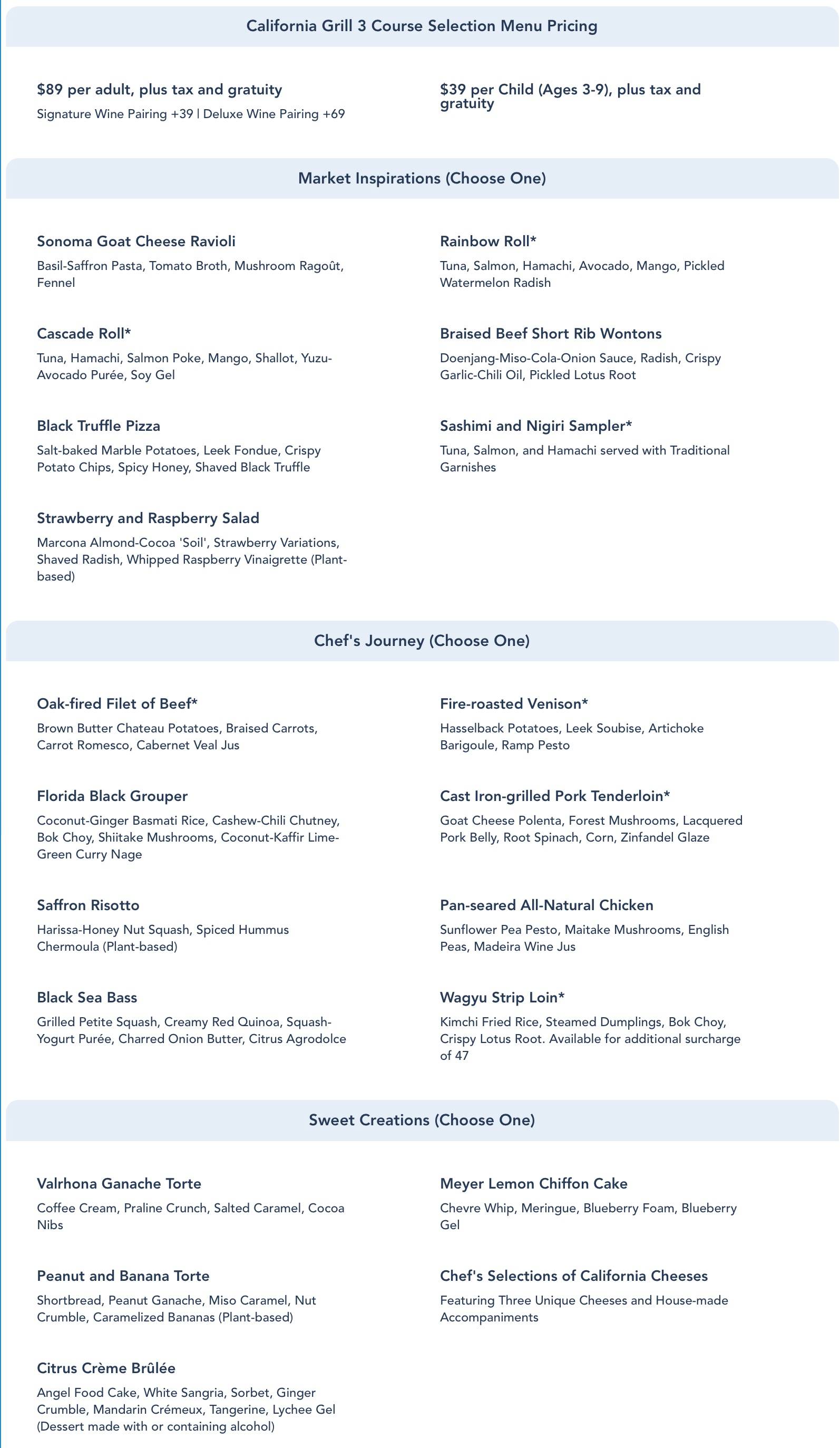 Three-course selection menu at California Grill