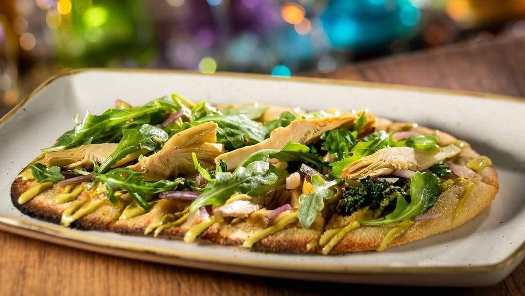 Artichoke Flatbread: White bean puree, ramp aioli, lemon zest, artichokes, arugula, and California extra virgin olive oil