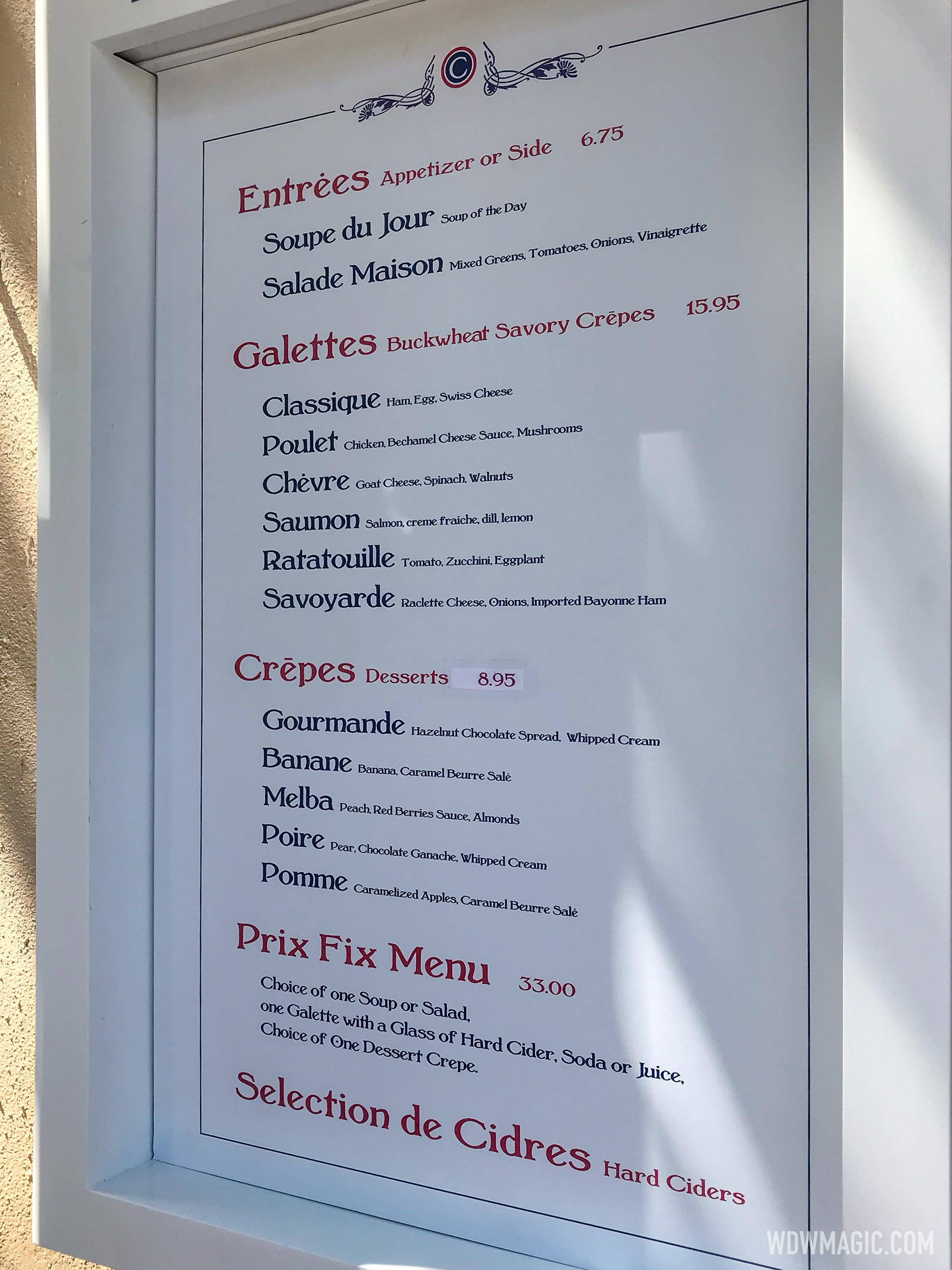 La Crêperie de Paris table service menu