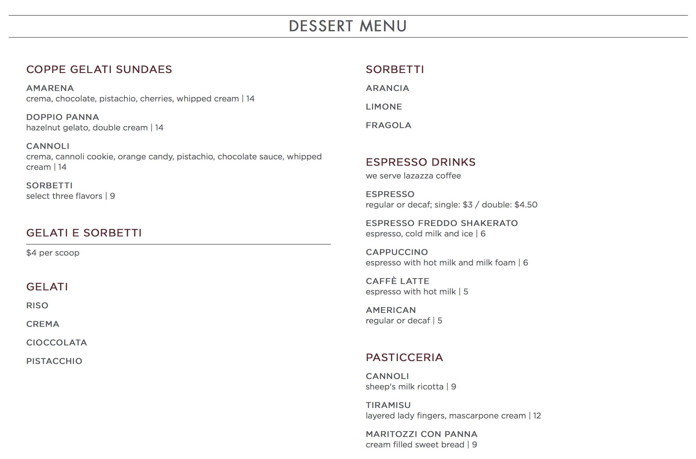 Enzo's Hideaway dessert menu