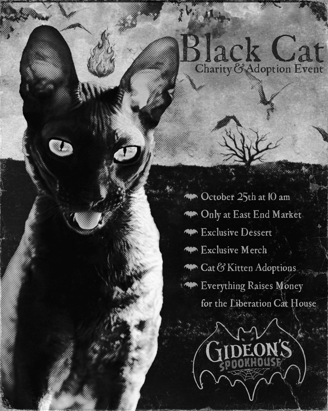 Promotional flyer for Gideon's Spookhouse Black Cat Charity &amp; Adoption Event on October 25th at East End Market