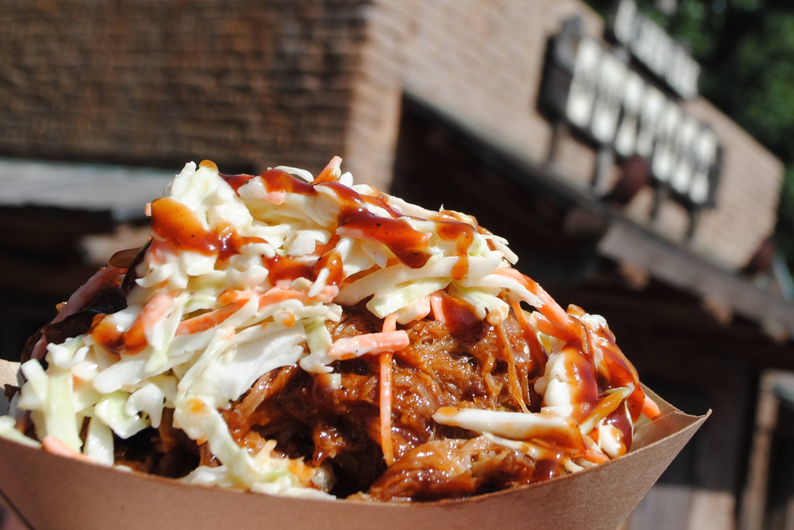 Barbecue Pork Waffle Fries topped with Barbecue Pork and Coleslaw