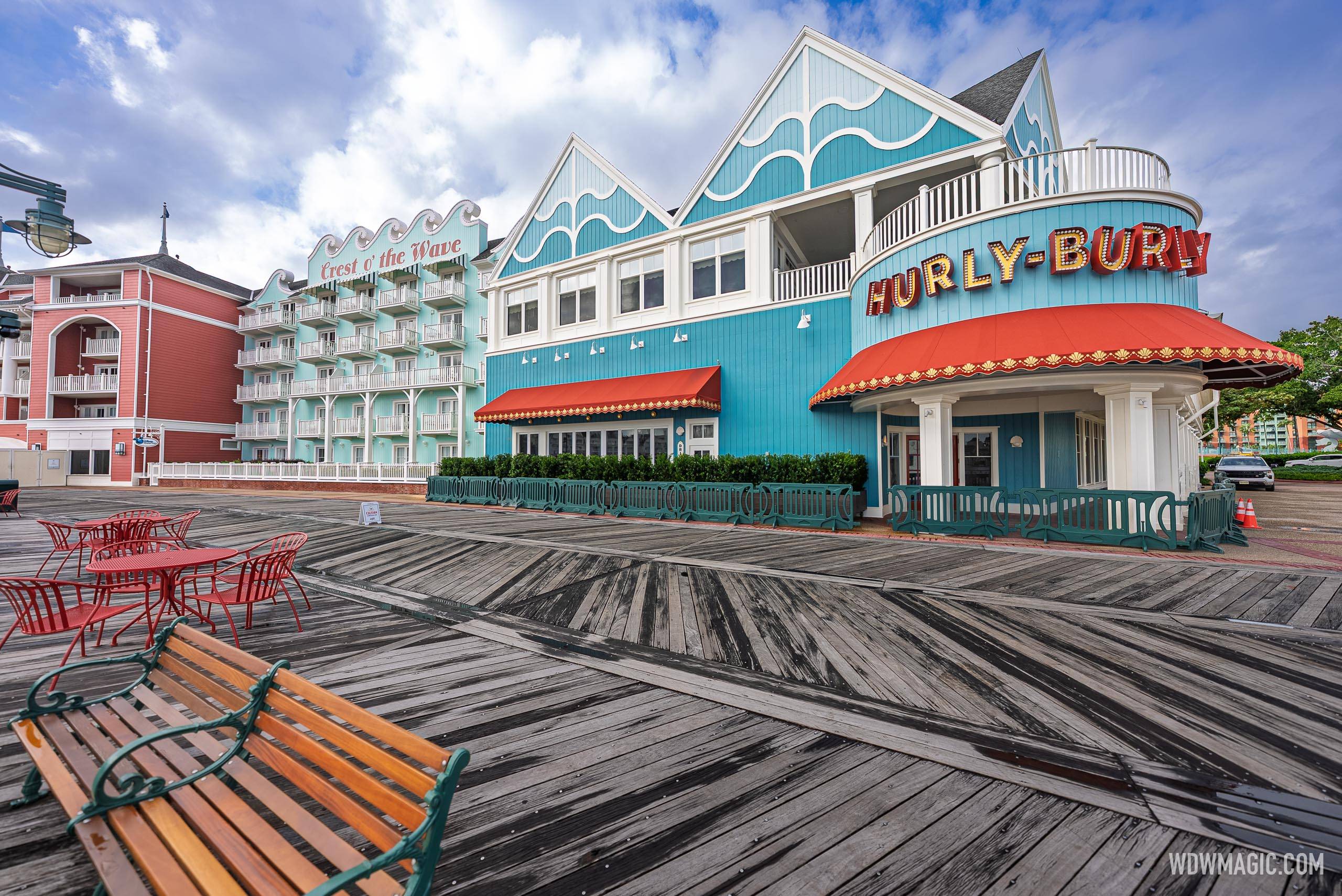 Hurly-Burly Exterior Complete: Marquee Sign Lit at Disney's BoardWalk