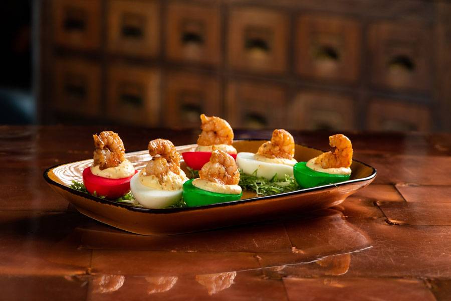 C9 Light Deviled Eggs: Colored eggs with shrimp and tobiko caviar.