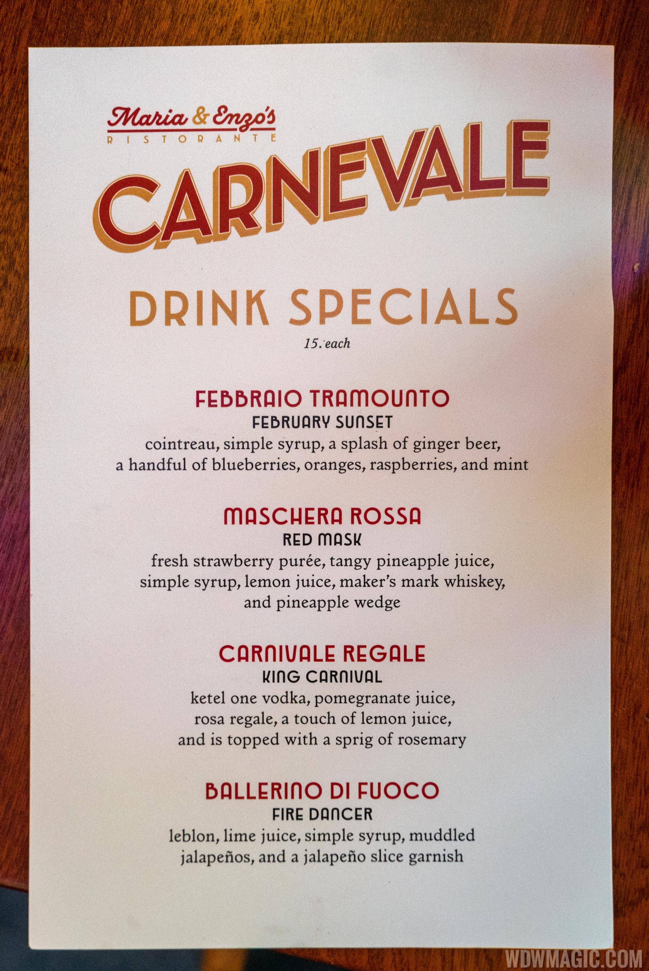 Maria & Enzo's Carnevale drink menu