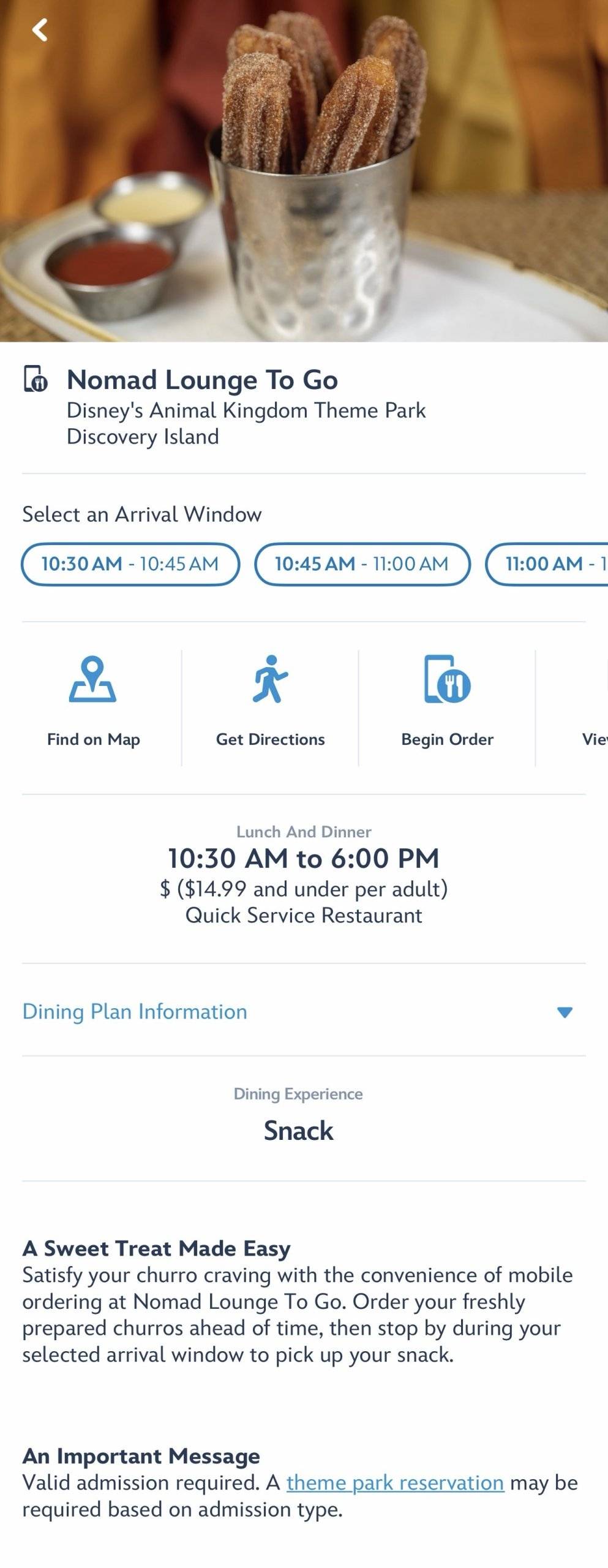Nomad Lounge To Go mobile-order listing in My Disney Experience
