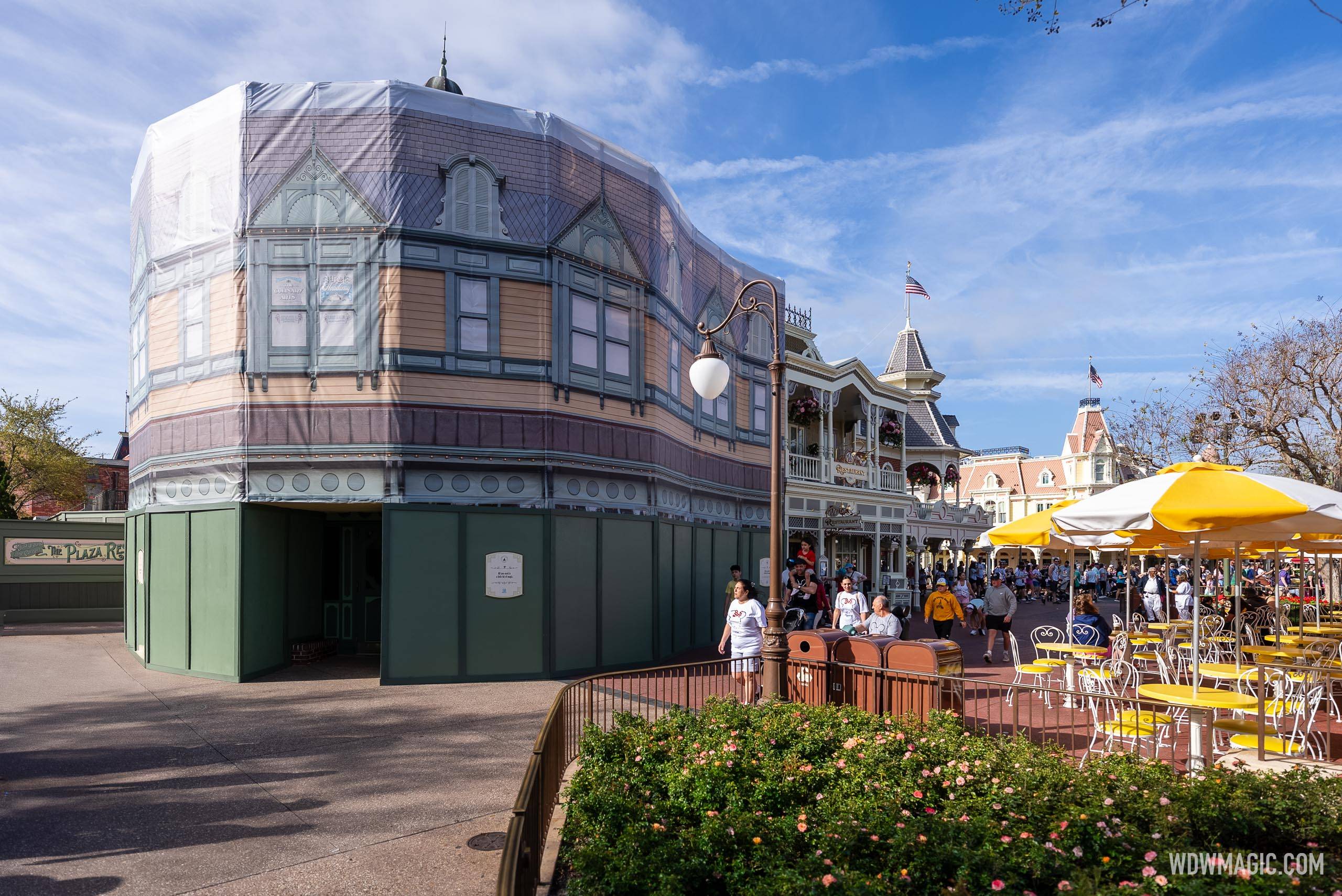 The Plaza Restaurant at Magic Kingdom Now Behind Decorative Scrim as Refurbishment Work Continues