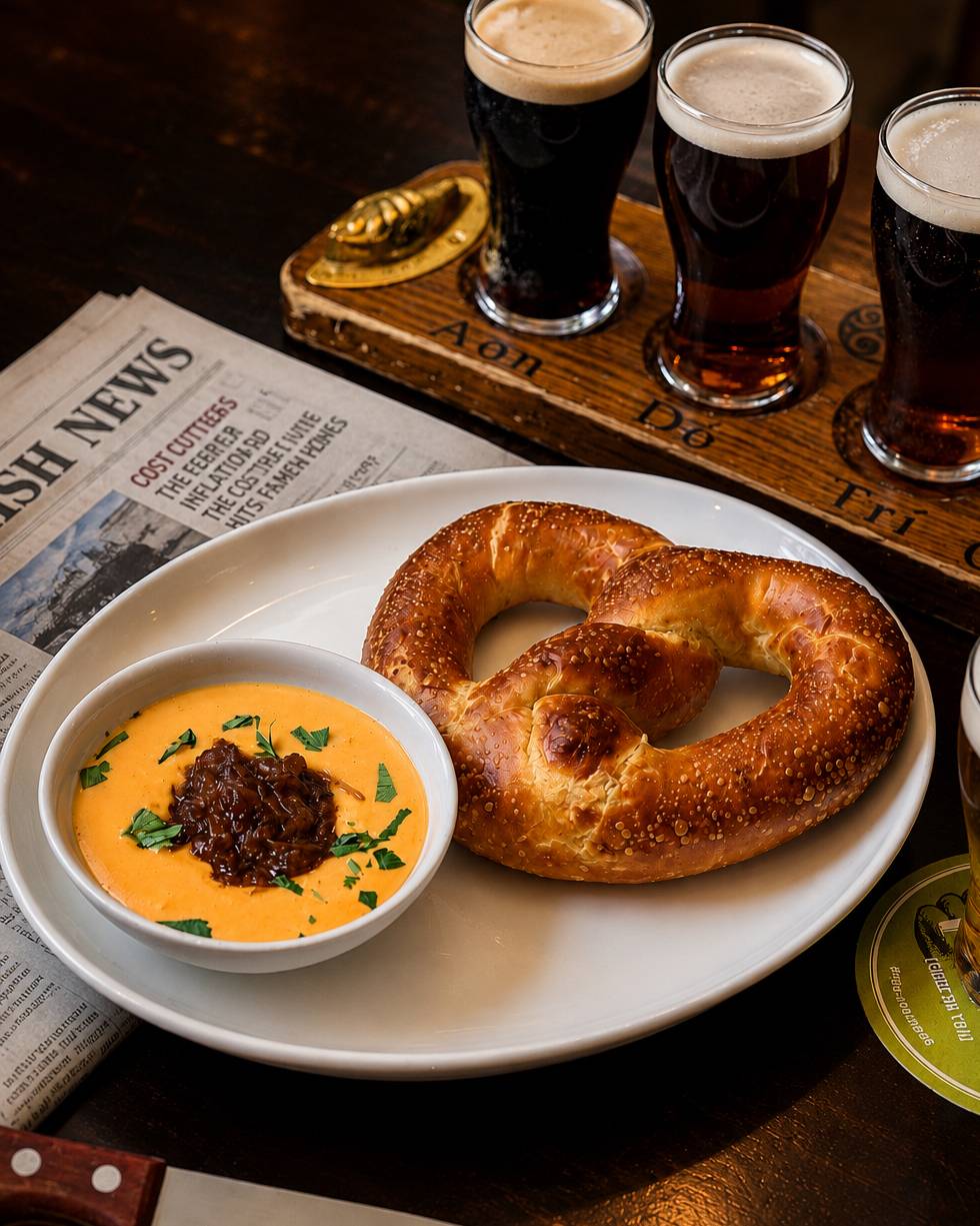 Pretzel, Beer, Braised Onion, Cheese Sauce: Potato pretzel with beer, braised caramelized onion, and cheese sauce