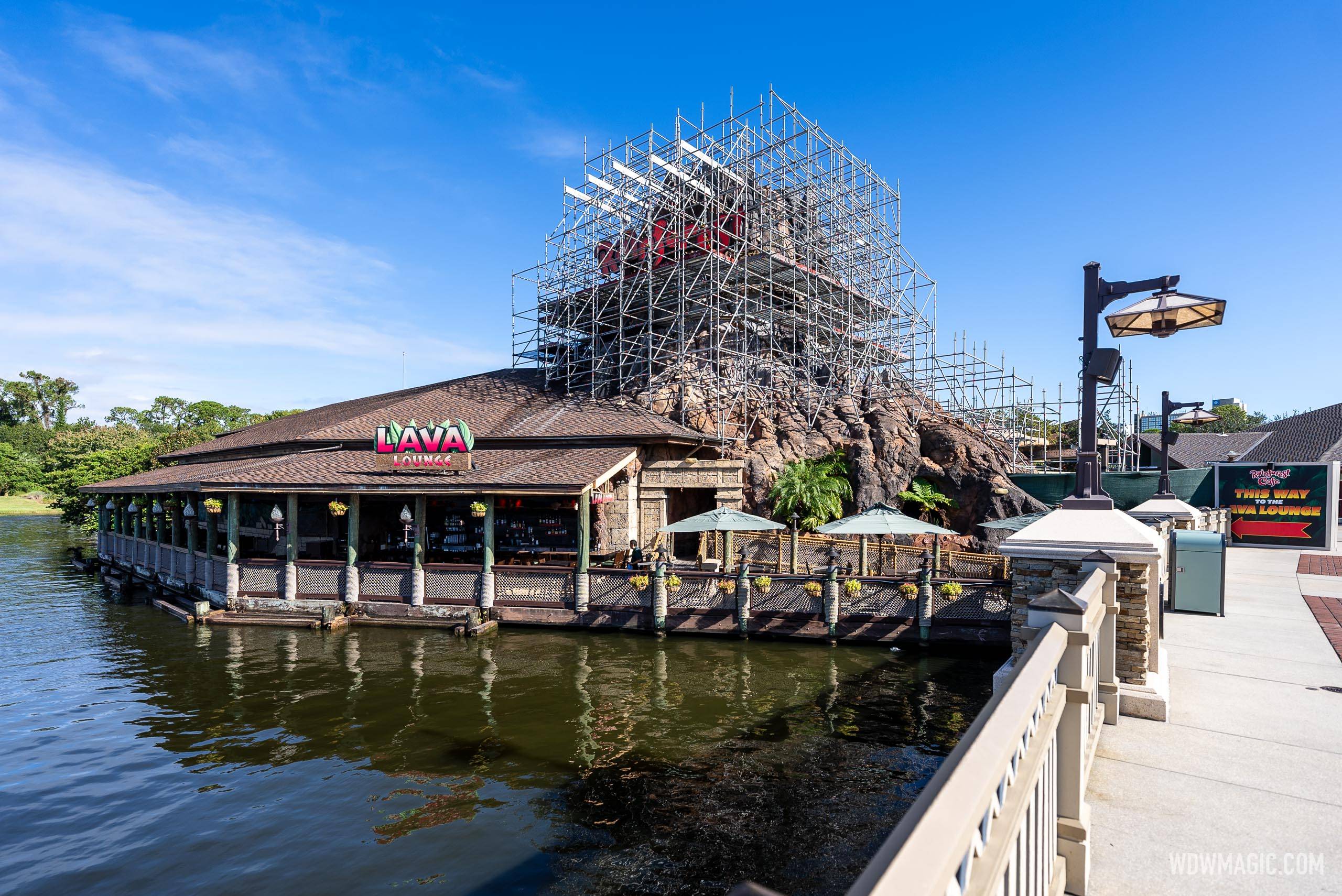 Volcano at Rainforest Cafe in Disney Springs covered in scaffolding as  refurbishment continues