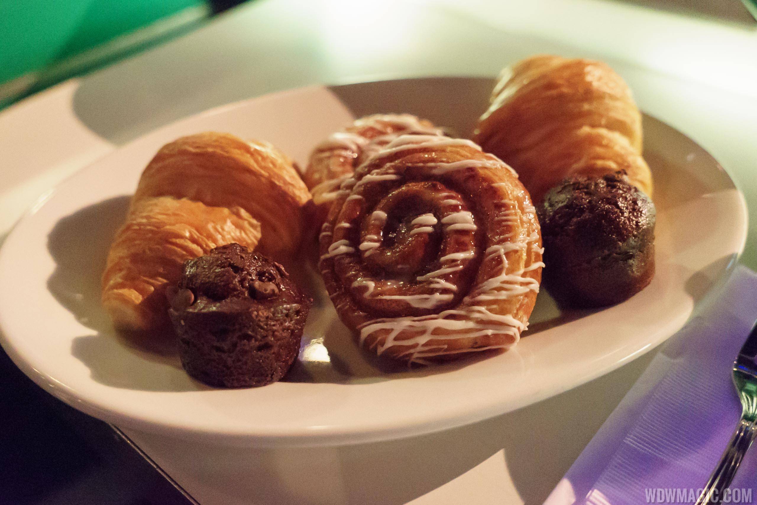 Sci-Fi Dine-In breakfast - Pastry basket with Croissant, Double Chocolate Muffin, and Orange-glazed Cinnamon Bun