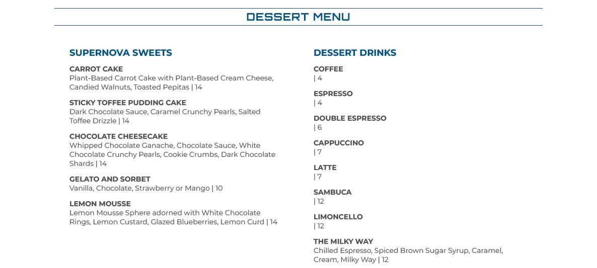 Space 220 dessert menu