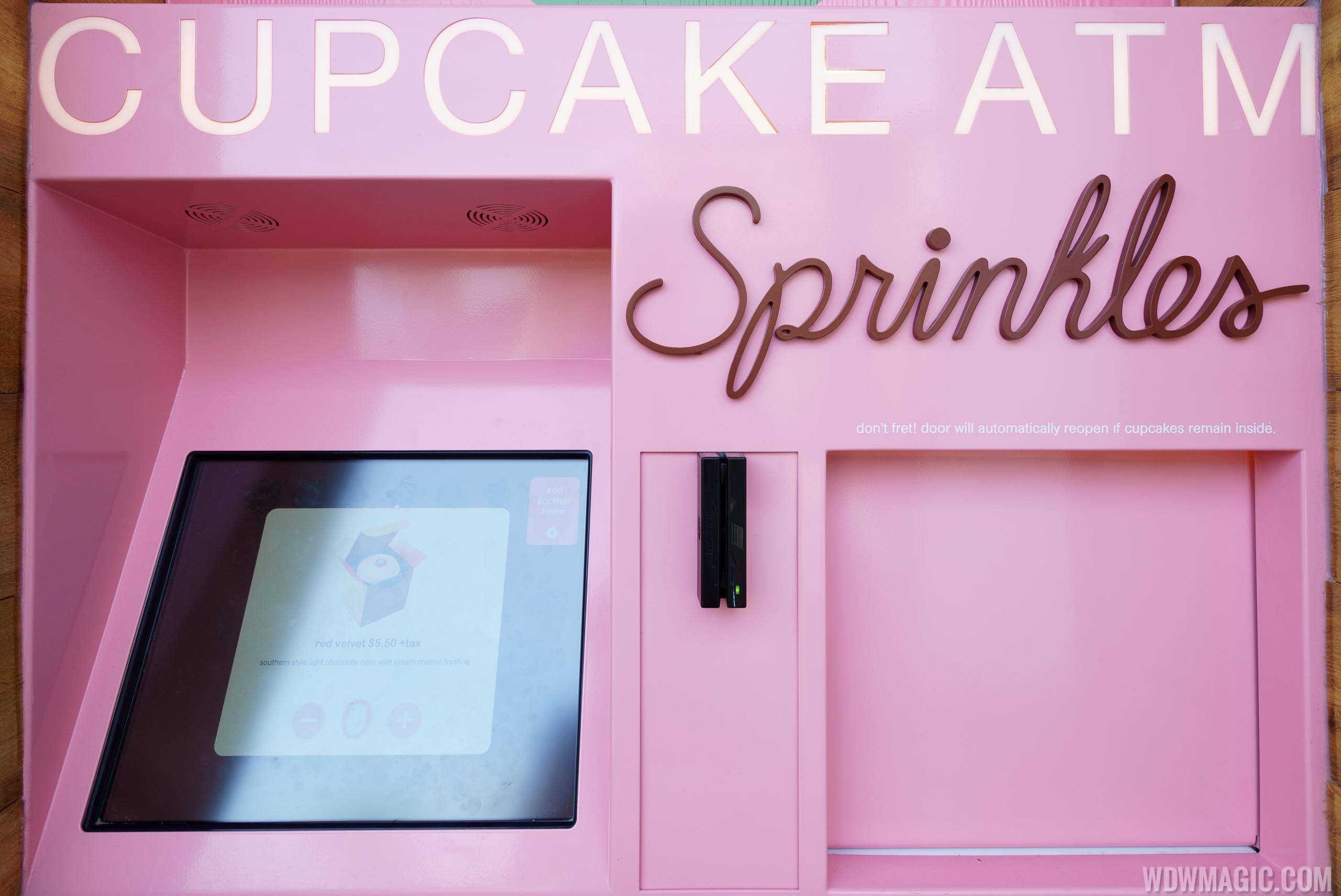 Closeup of the cupcake ATM at Sprinkles in Disney Springs