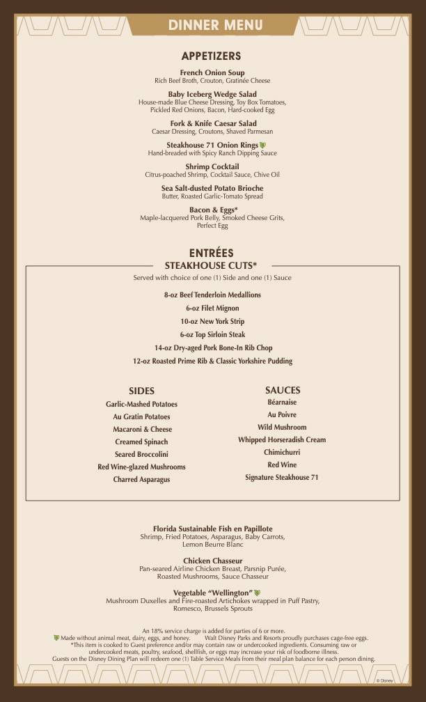 Steakhouse 71 menus