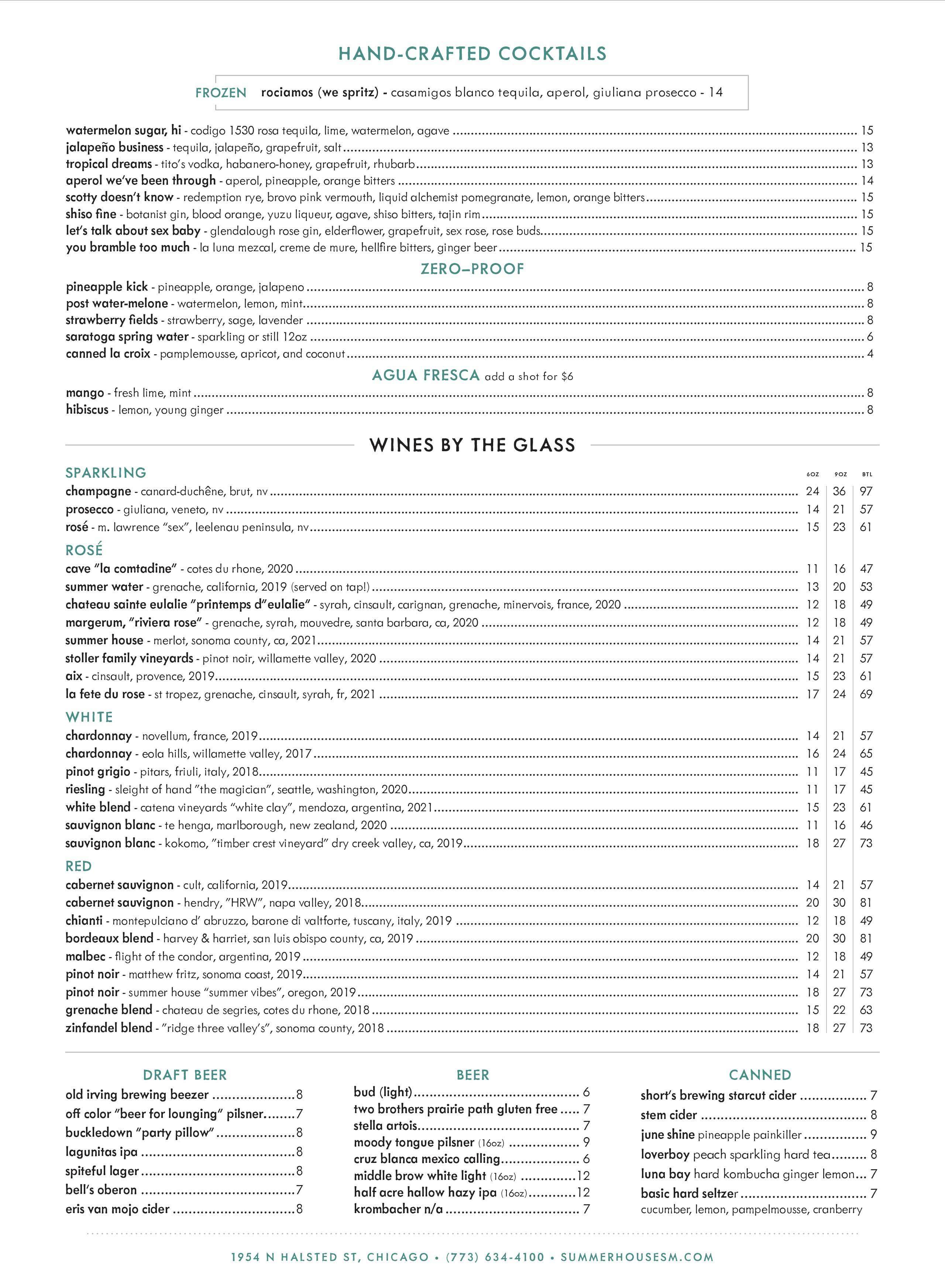 Summer House on the Lake Chicago menu