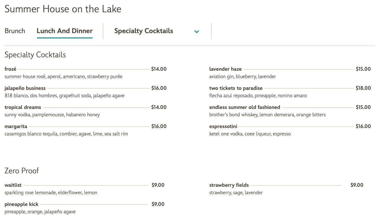 Summer House on the Lake speciality drinks menu