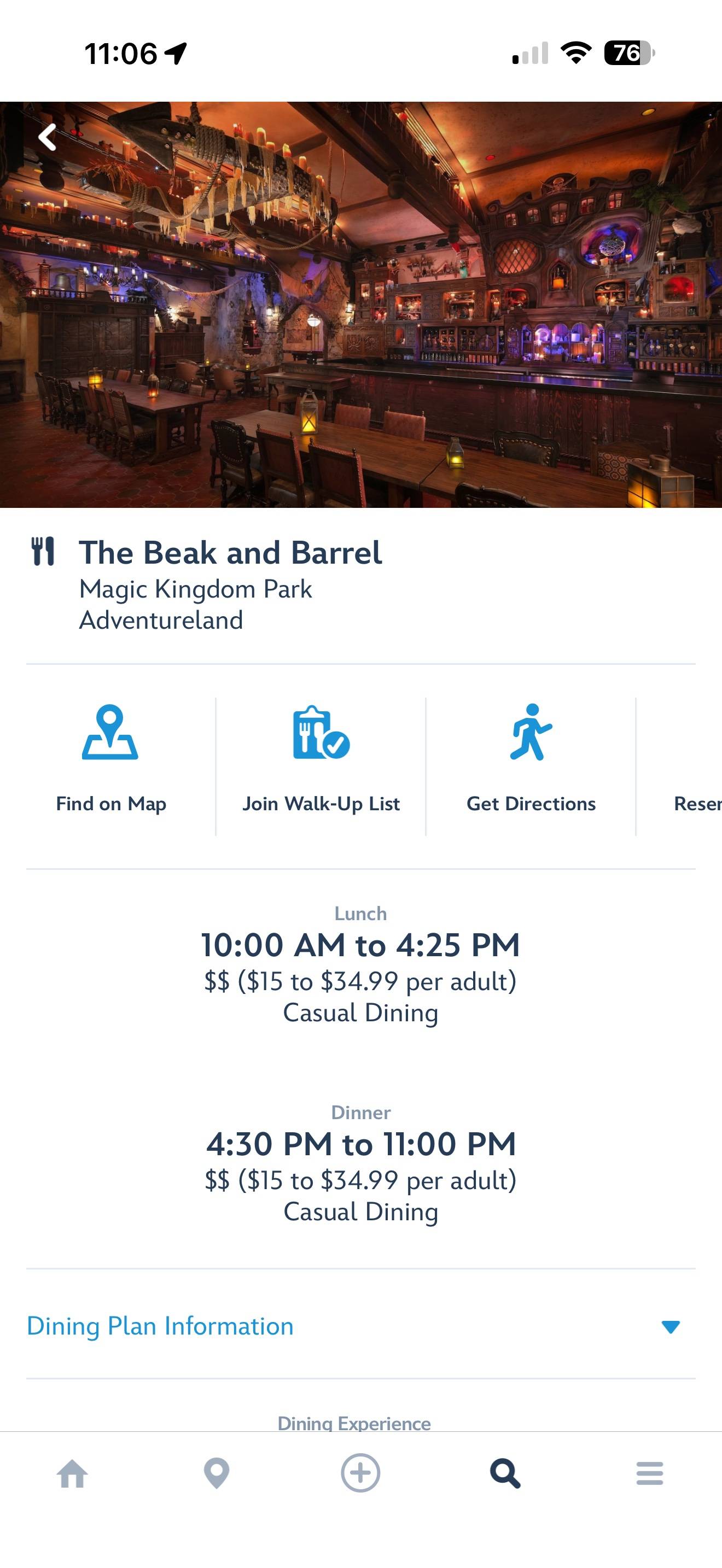 Beak and Barrel Walk-Up List in My Disney Experience