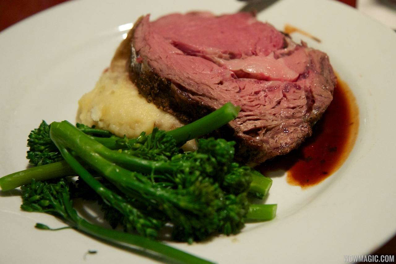 The Turf Club Bar and Grill food - Prime Rib with Mashed Potatoes, Broccolini, and Cherry-Peppercorn Sauce 27.99 