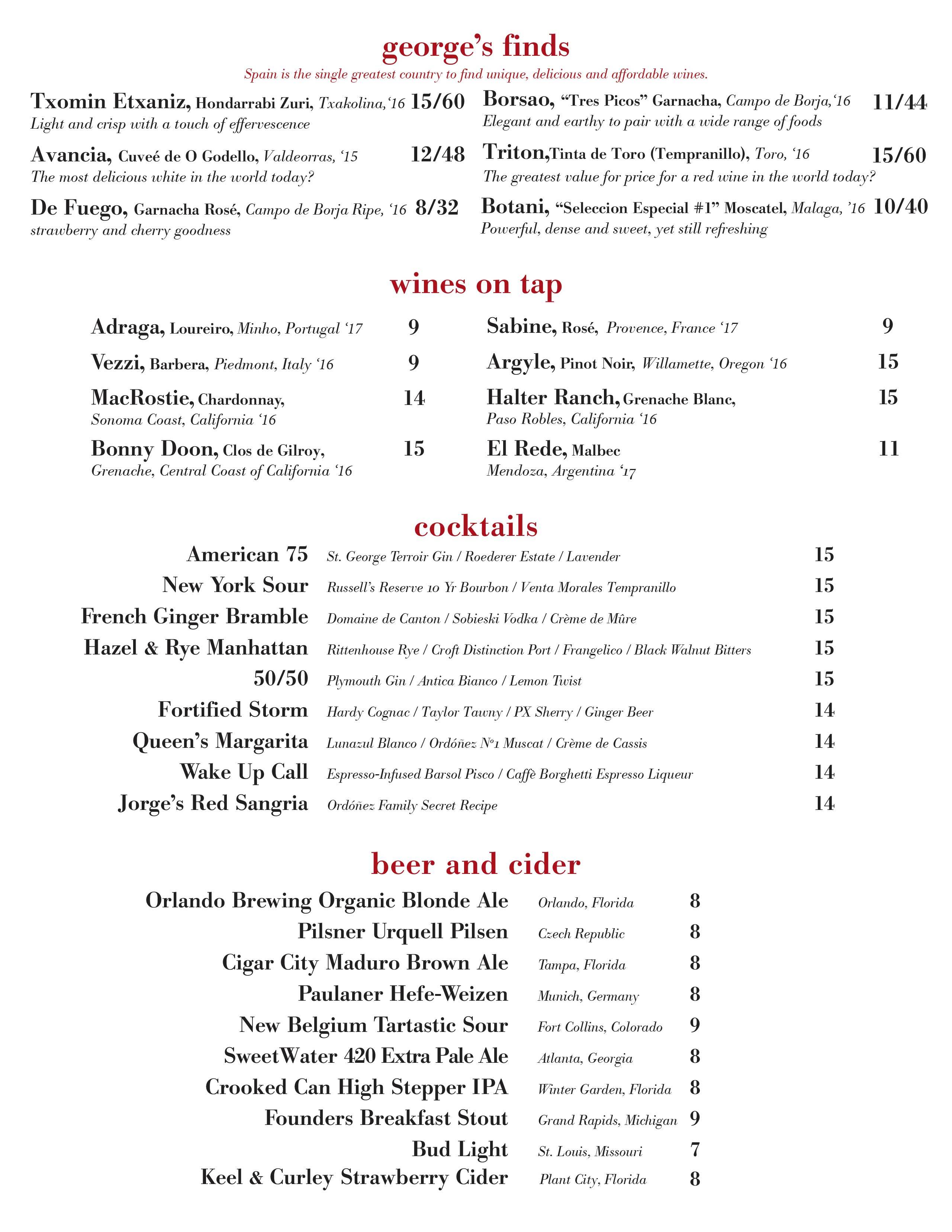 Wine Bar George - Drinks menu