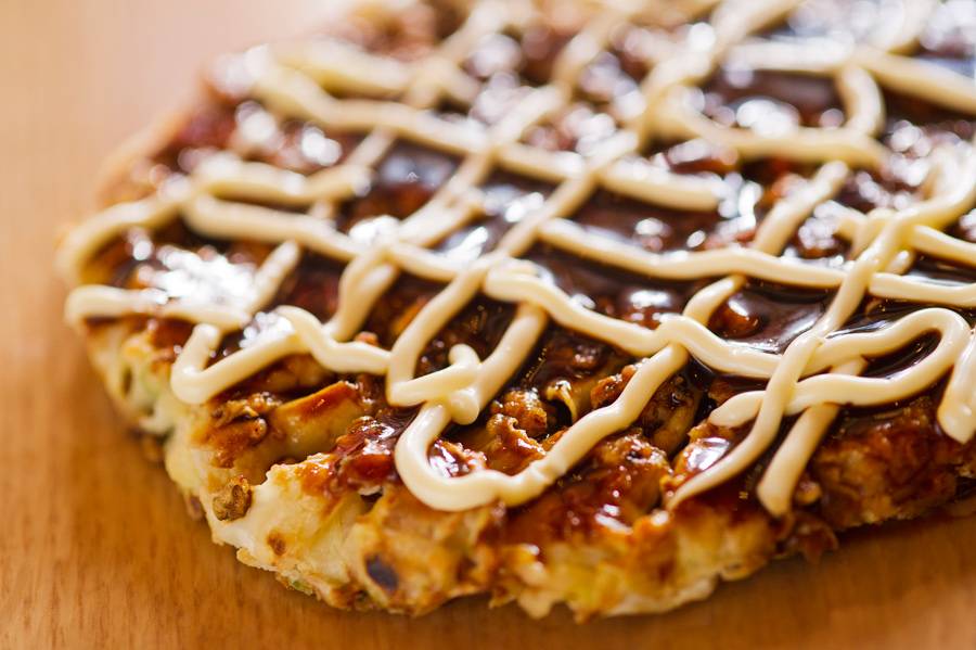 Okonomiyaki, a traditional Japanese pancake 