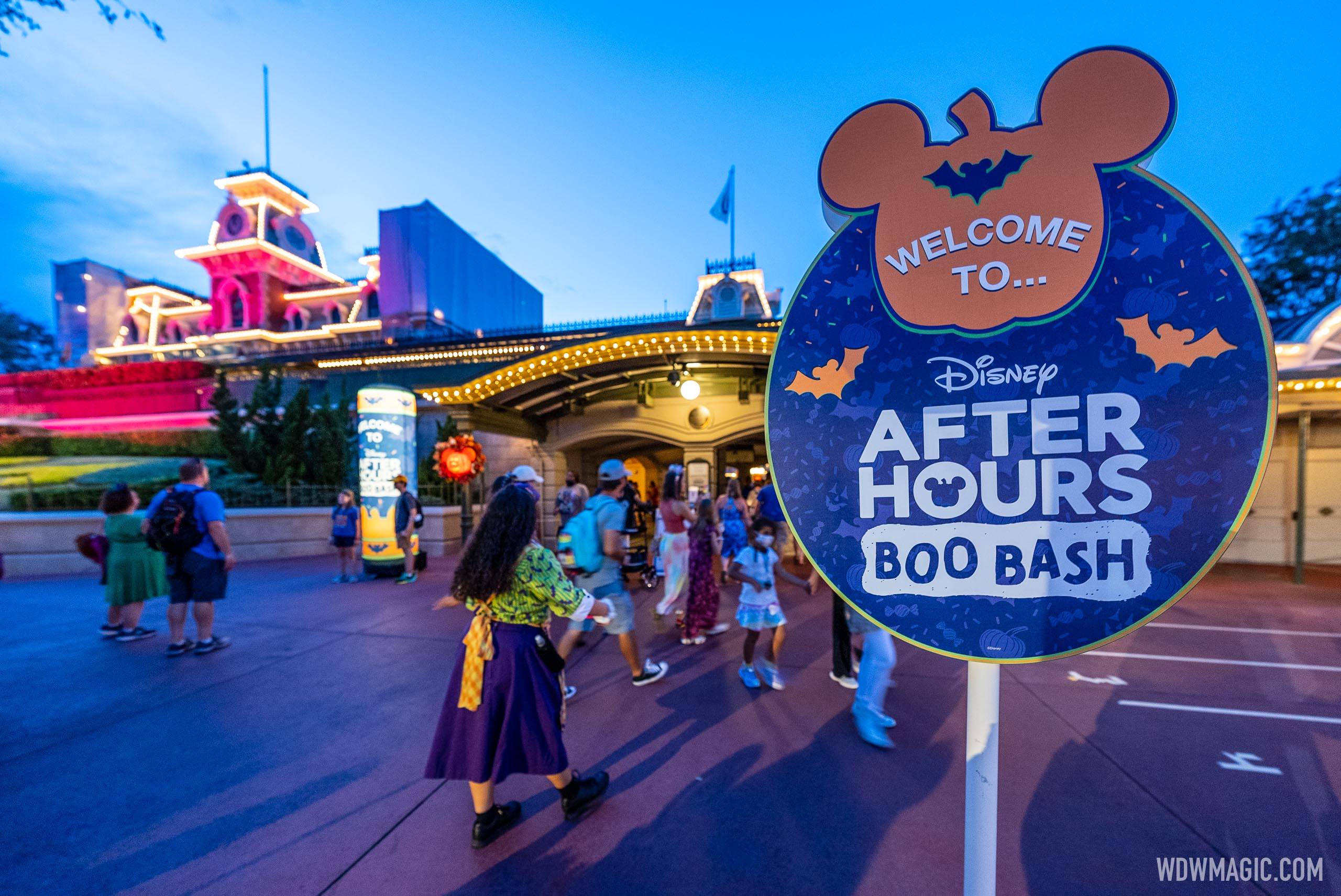 Welcome signs for Disney After Hours BOO BASH at Magic Kingdom entrance
