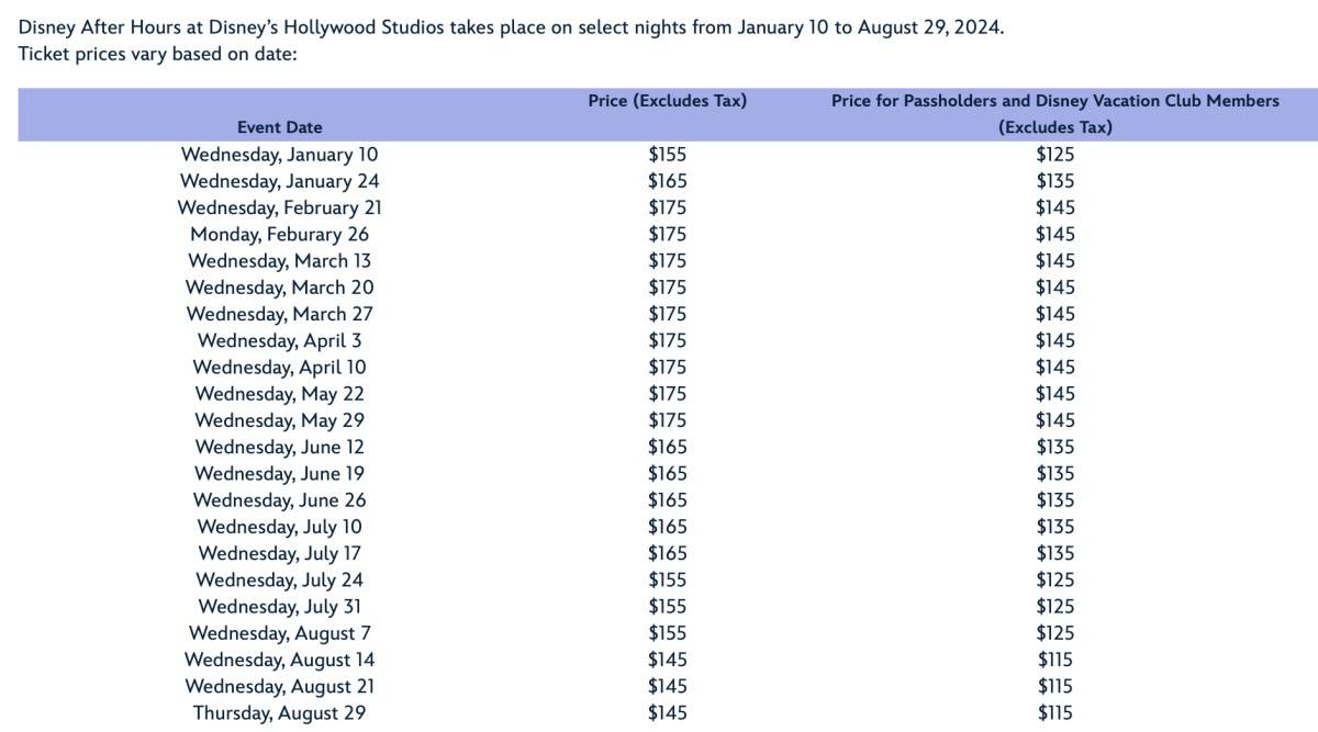 Disney After Hours pricing Summer 2024