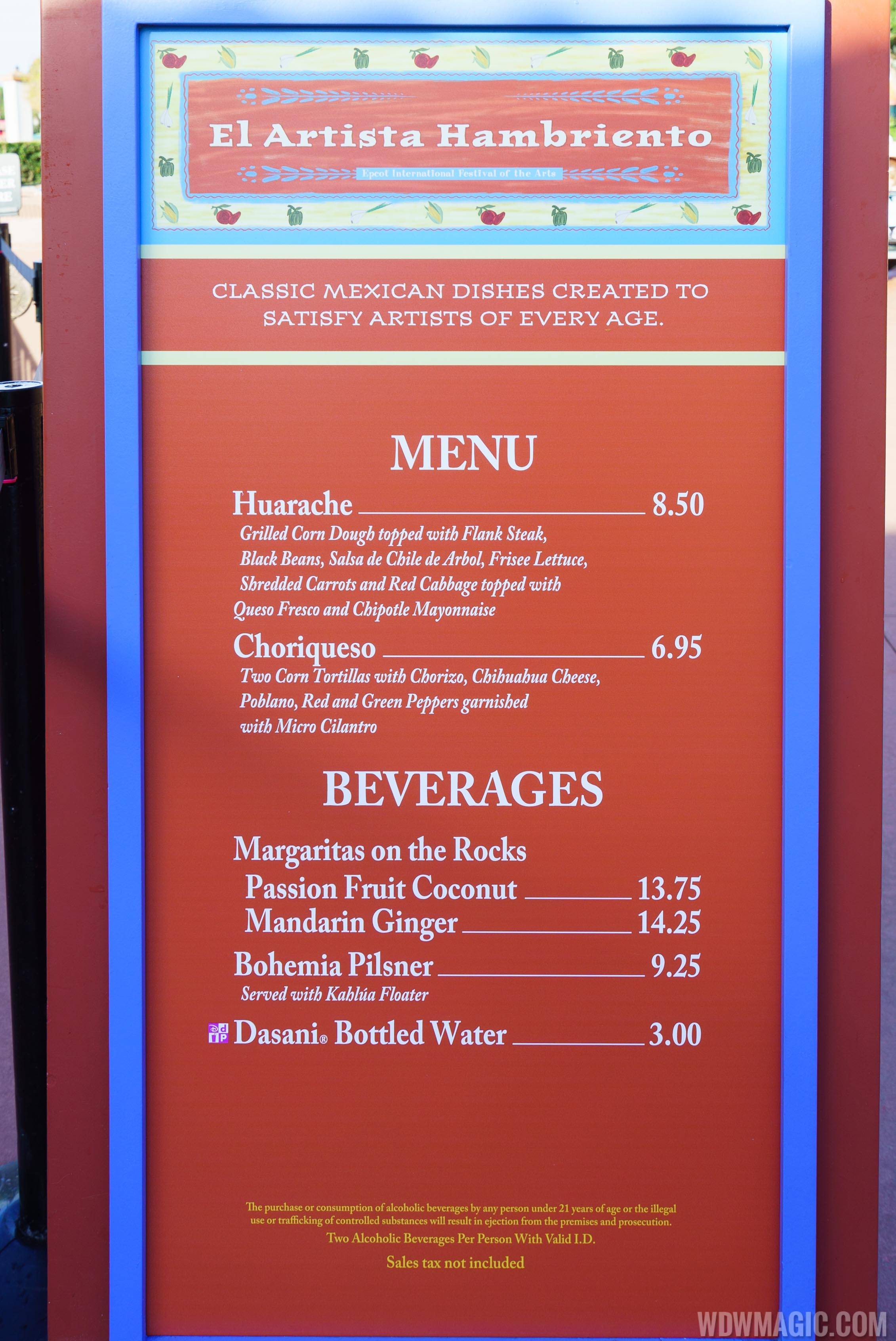 Epcot Festival of the Arts - The Hungry Artist menu