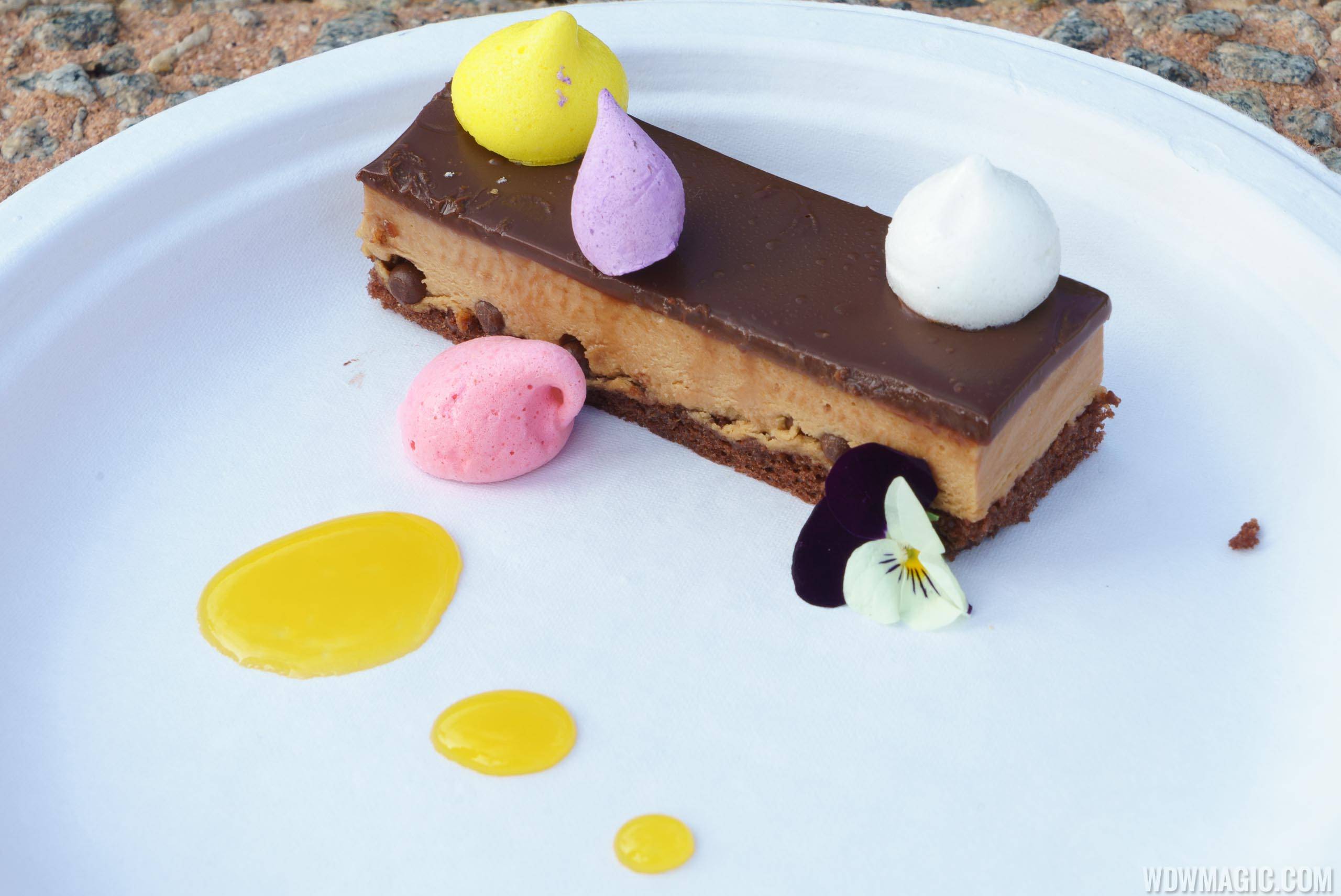 Festival of the Arts Food Studio - Decadent Delights - Crisp Caramel Chocolate Mousse Bar, Flavored Merengue Kisses and Passion Fruit Sauce