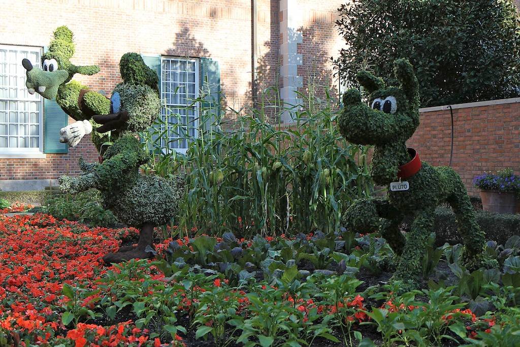 Donald, Goofy and Pluto topiary in the American Adventure garden