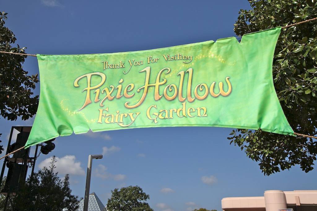 The Pixie Hollow Fairy Garden signage - home to fairy topiary, a playground, and meet and greets with the real fairies