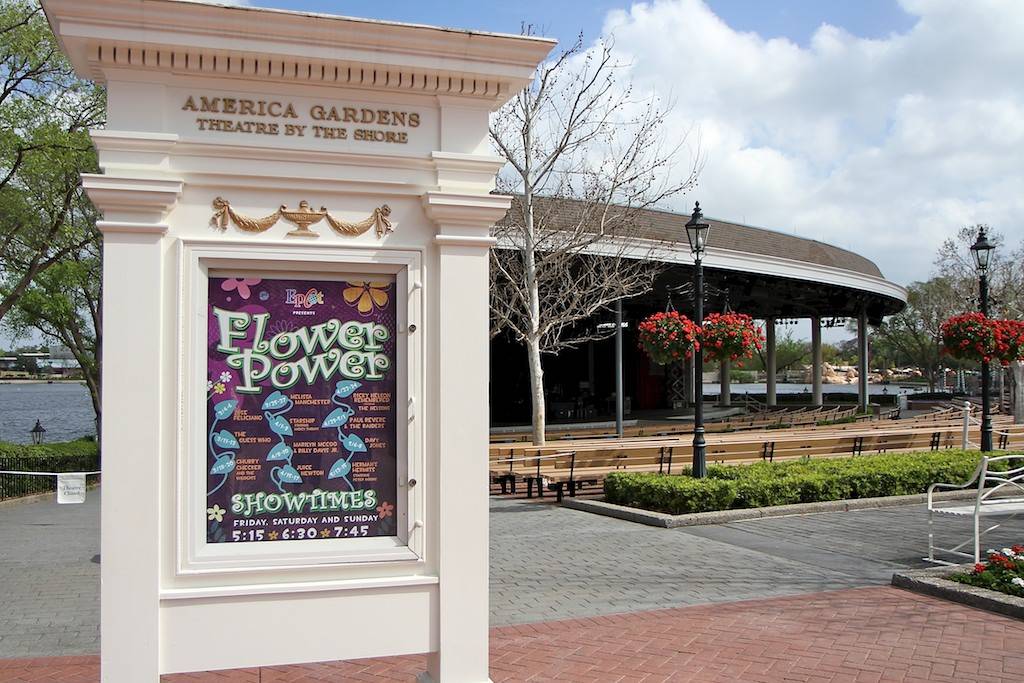 The Flower Power concert stage setup at the American Adventure