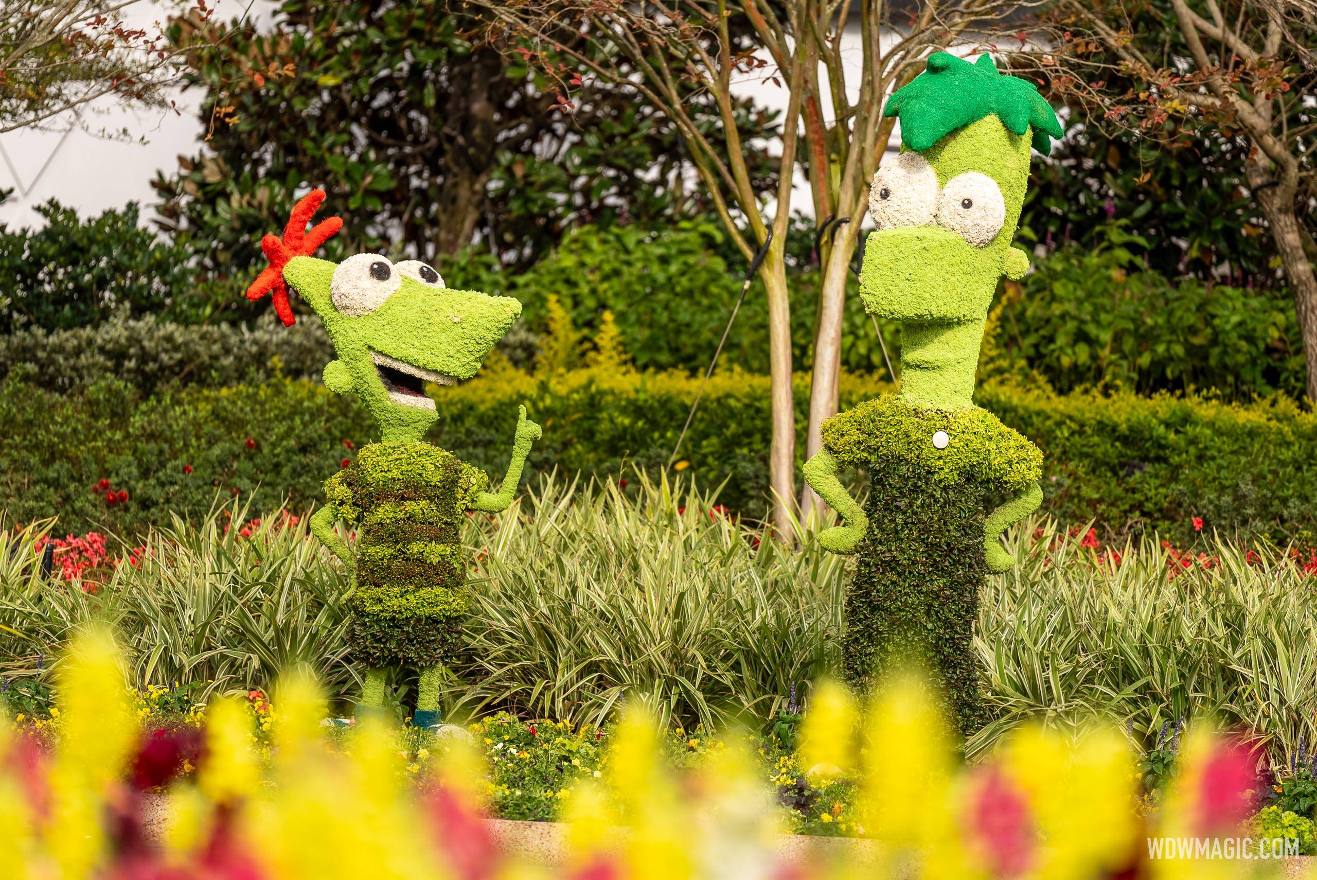 Phineas and Ferb Topiaries at 2025 EPCOT Flower and Garden Festival