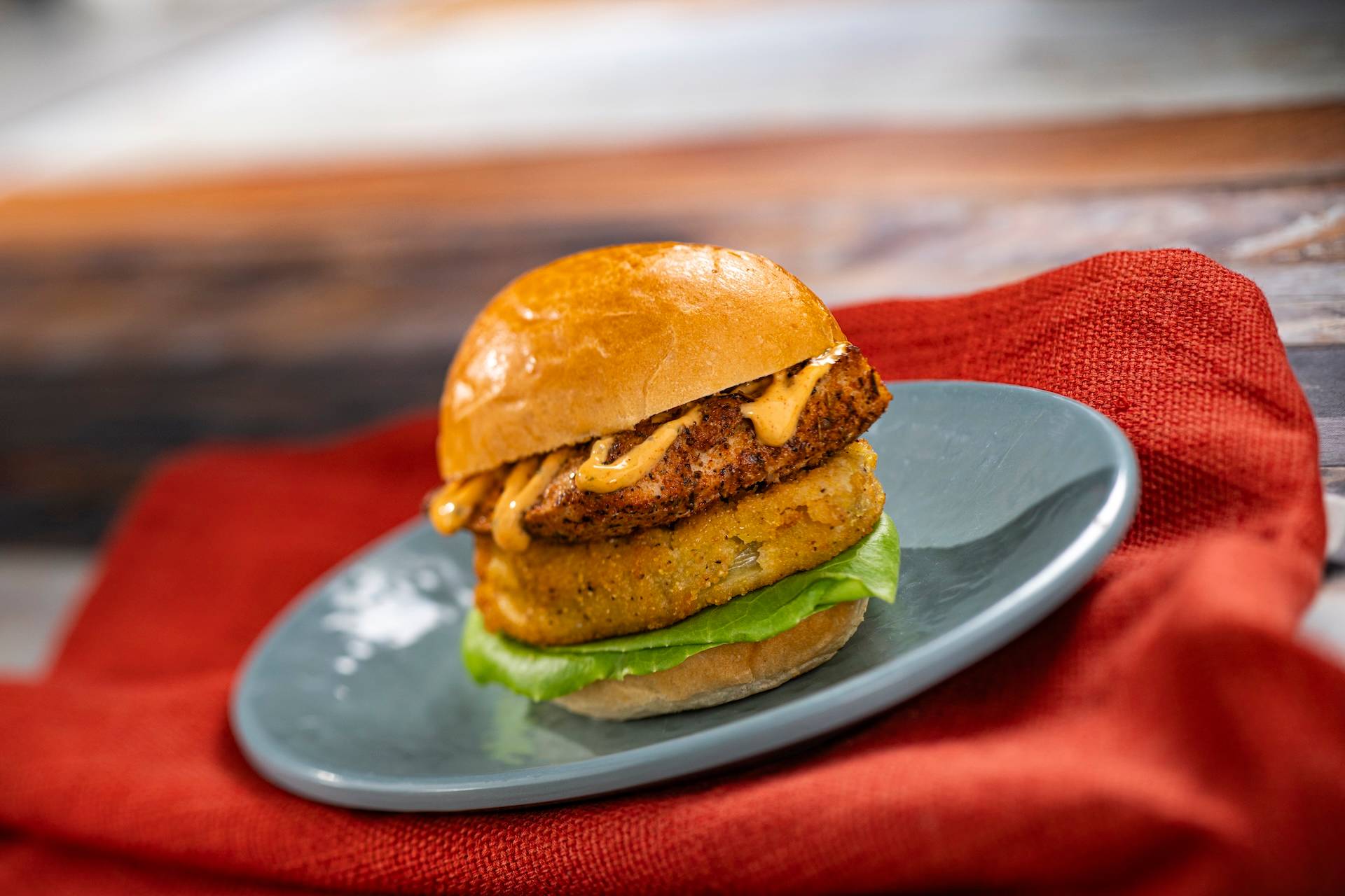 Blackened Fish Slider with fried green tomato and Cajun r&eacute;moulade on a brioche bun (New)