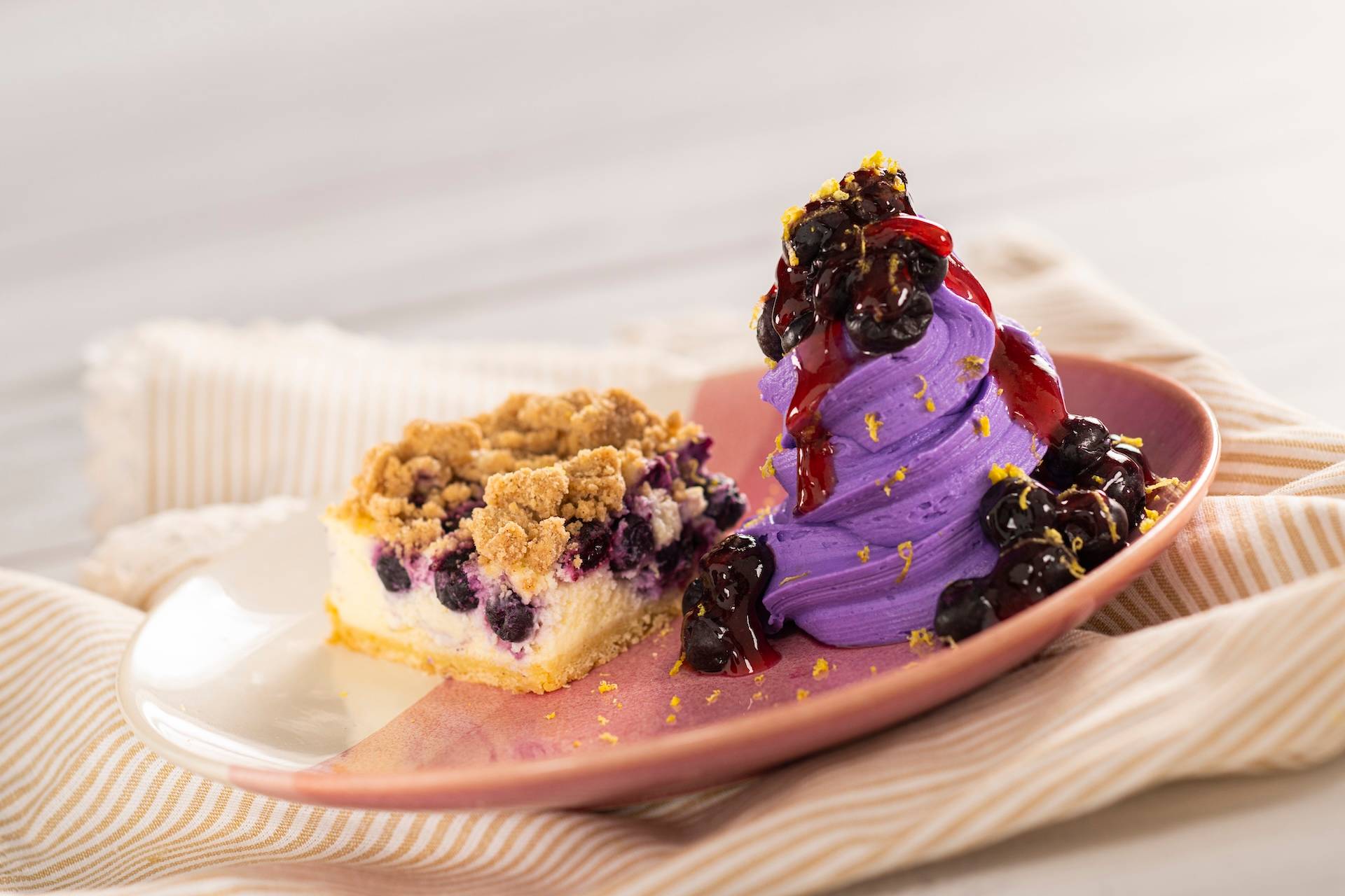 Blueberry Crumble Cake with blueberry-lemon zest soft-serve and blueberry compote
