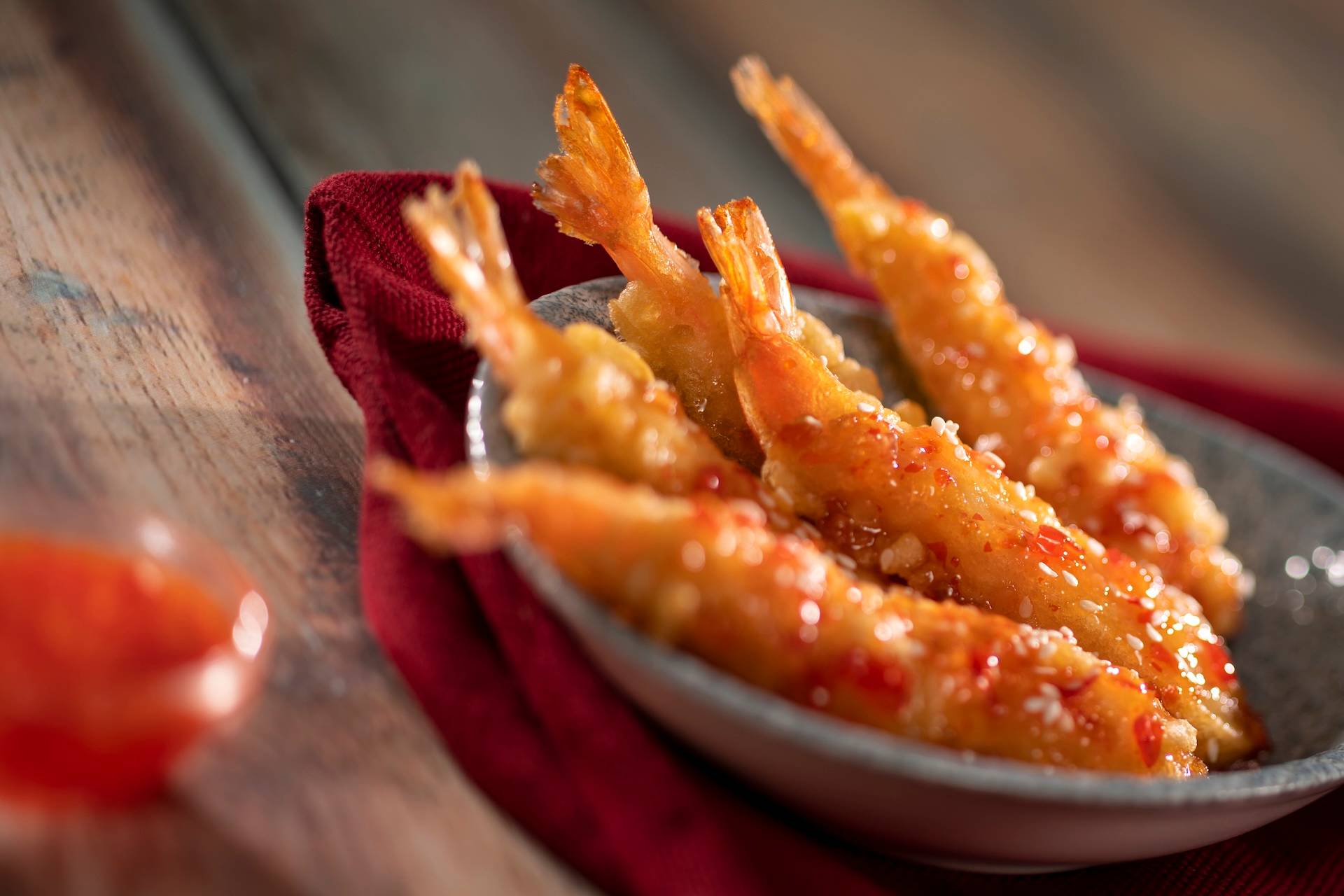 Orange-Sesame Tempura Shrimp with orange-chile sauce