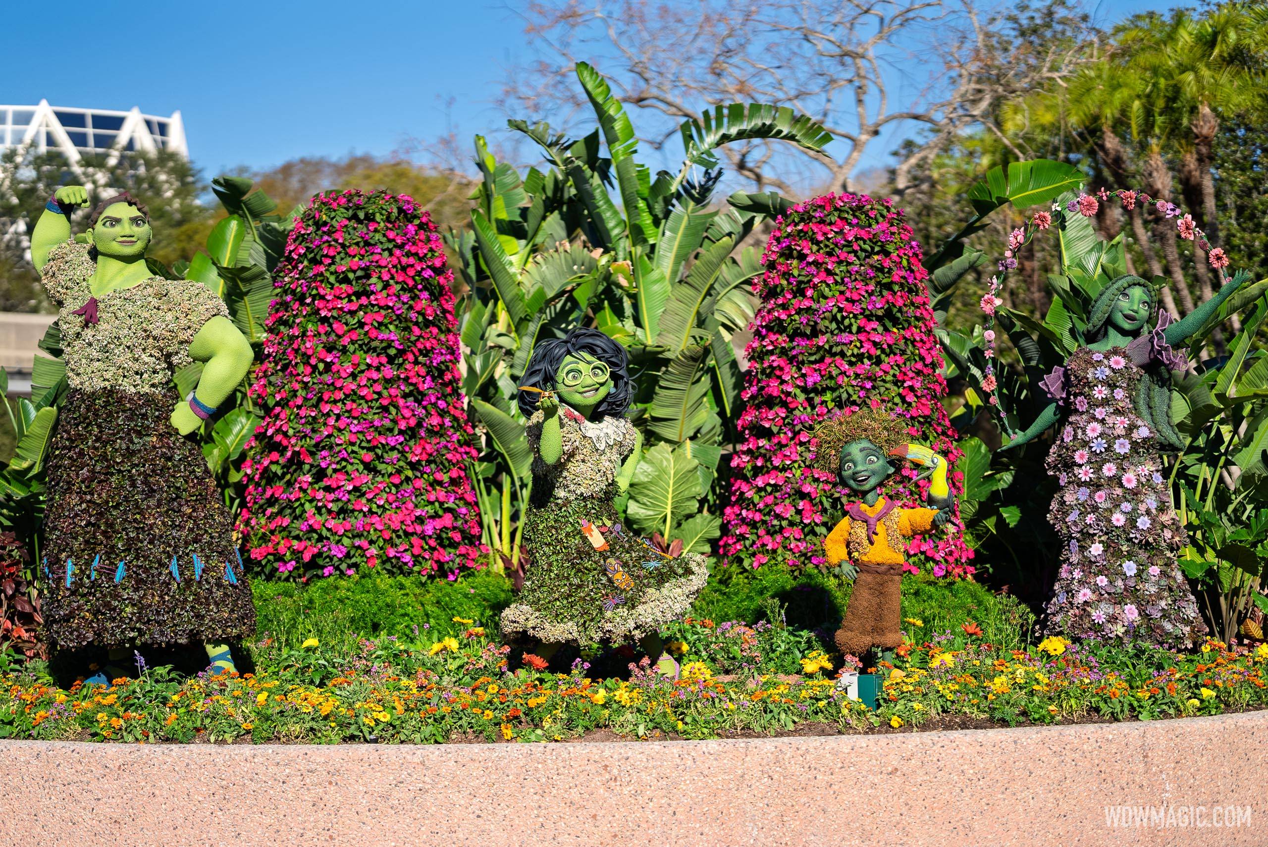 Mirabel, Antonio, Isabela and Luisa from Encanto near the Imagination! Pavilion