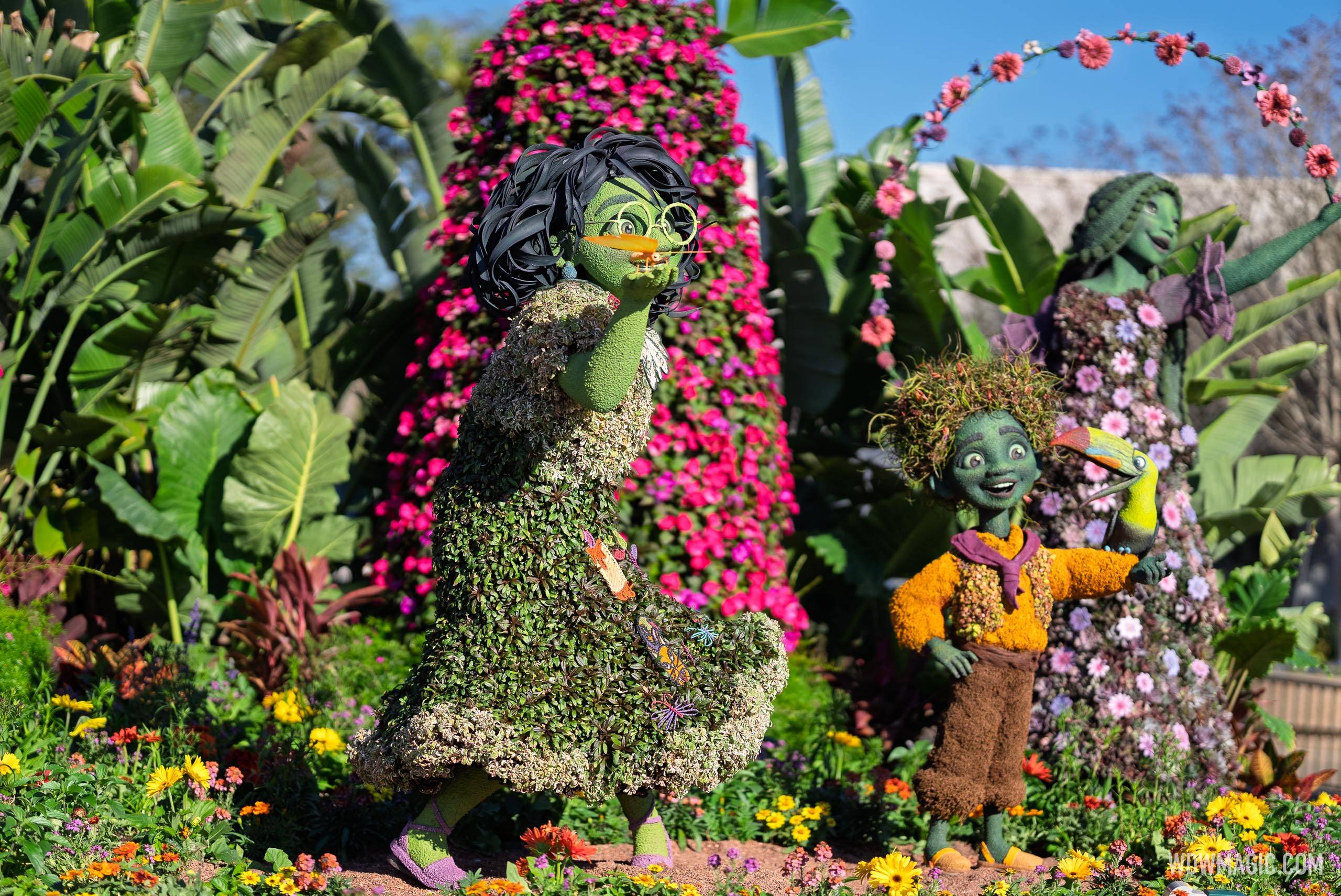 Mirabel, Antonio, Isabela and Luisa from Encanto near the Imagination! Pavilion