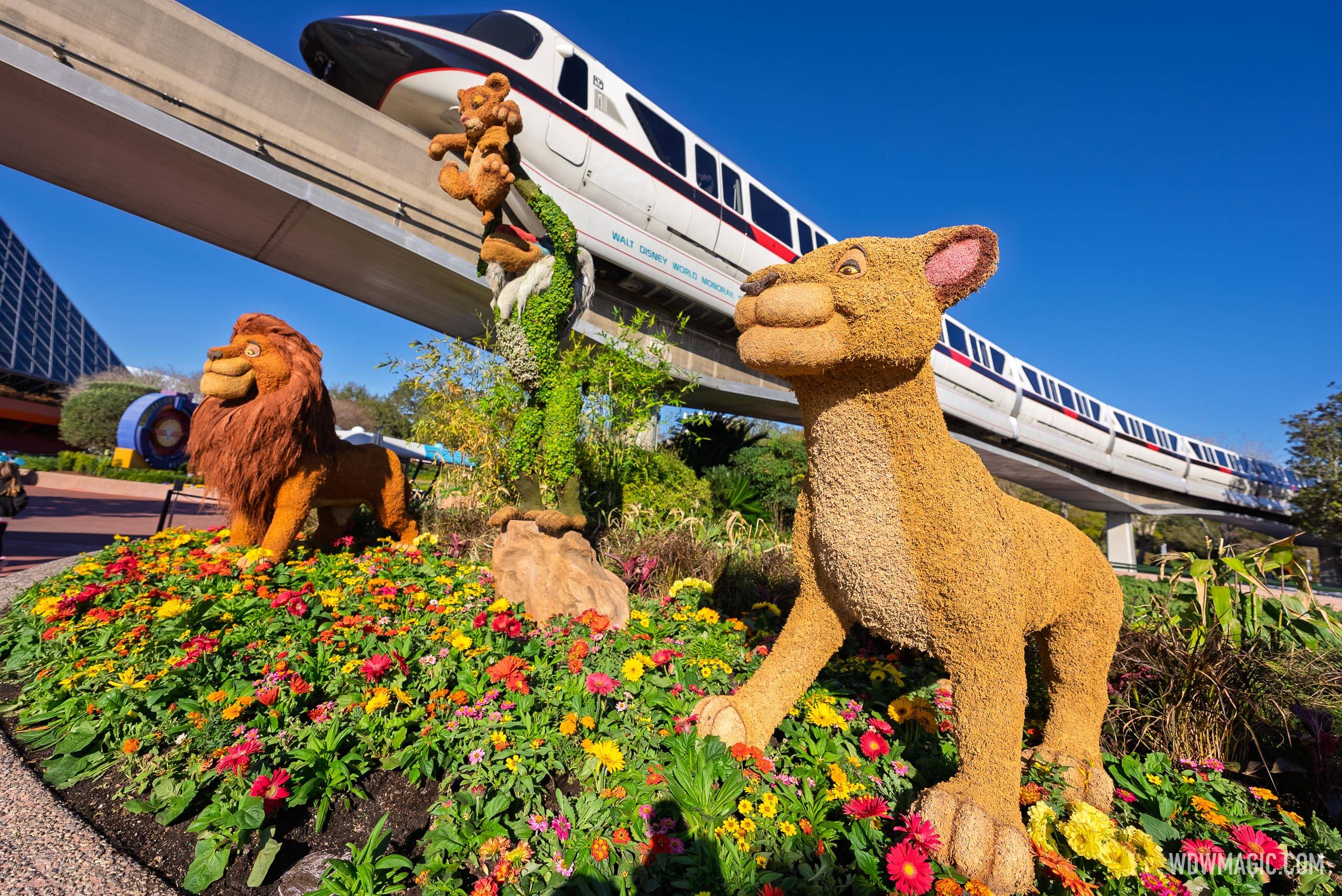 Simba and Friends (Rafiki, Mufasa and Sarabi) near the Imagination! Pavilion
