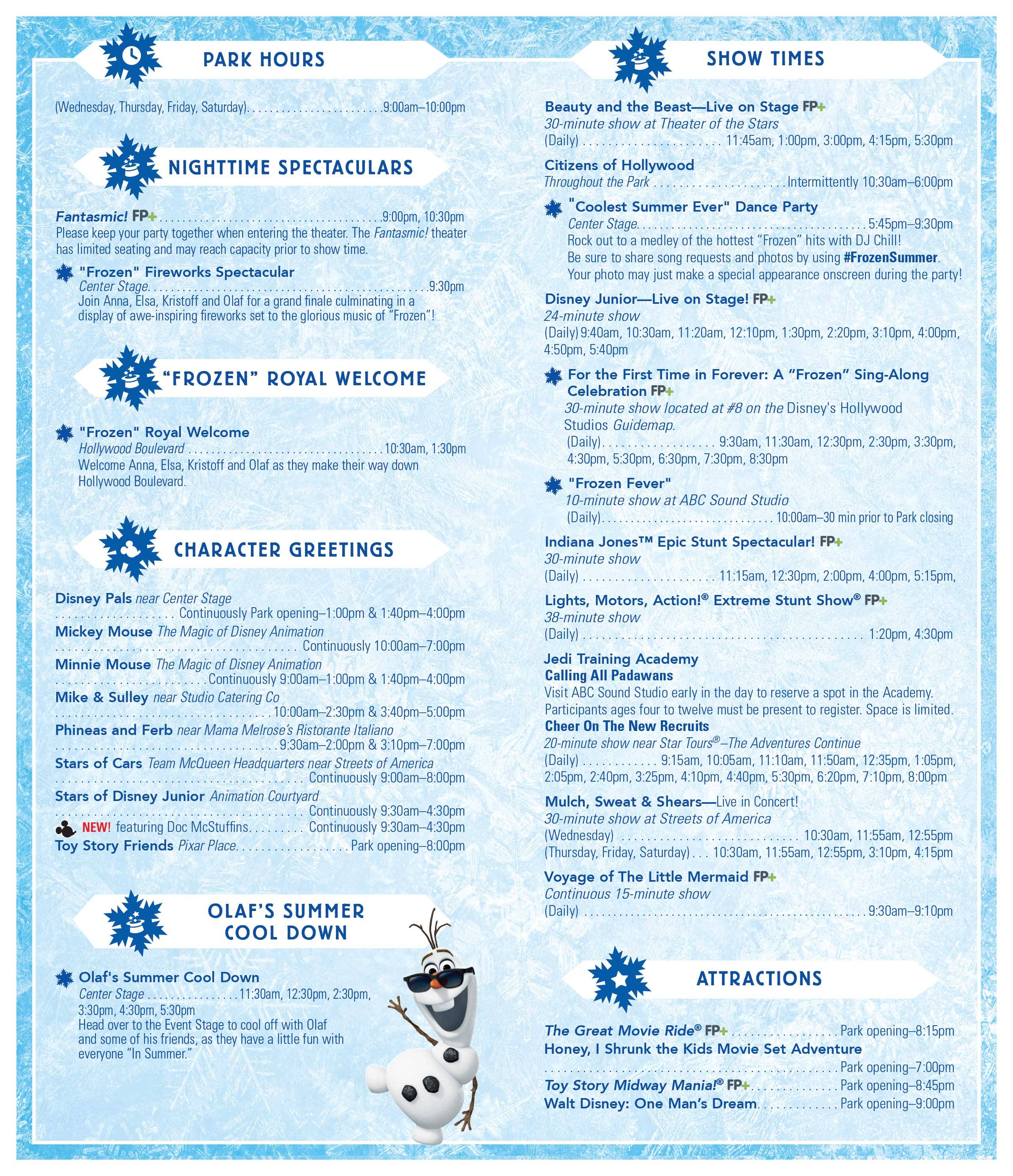 Frozen Summer Fun 2015 Guide Map and Times Guide