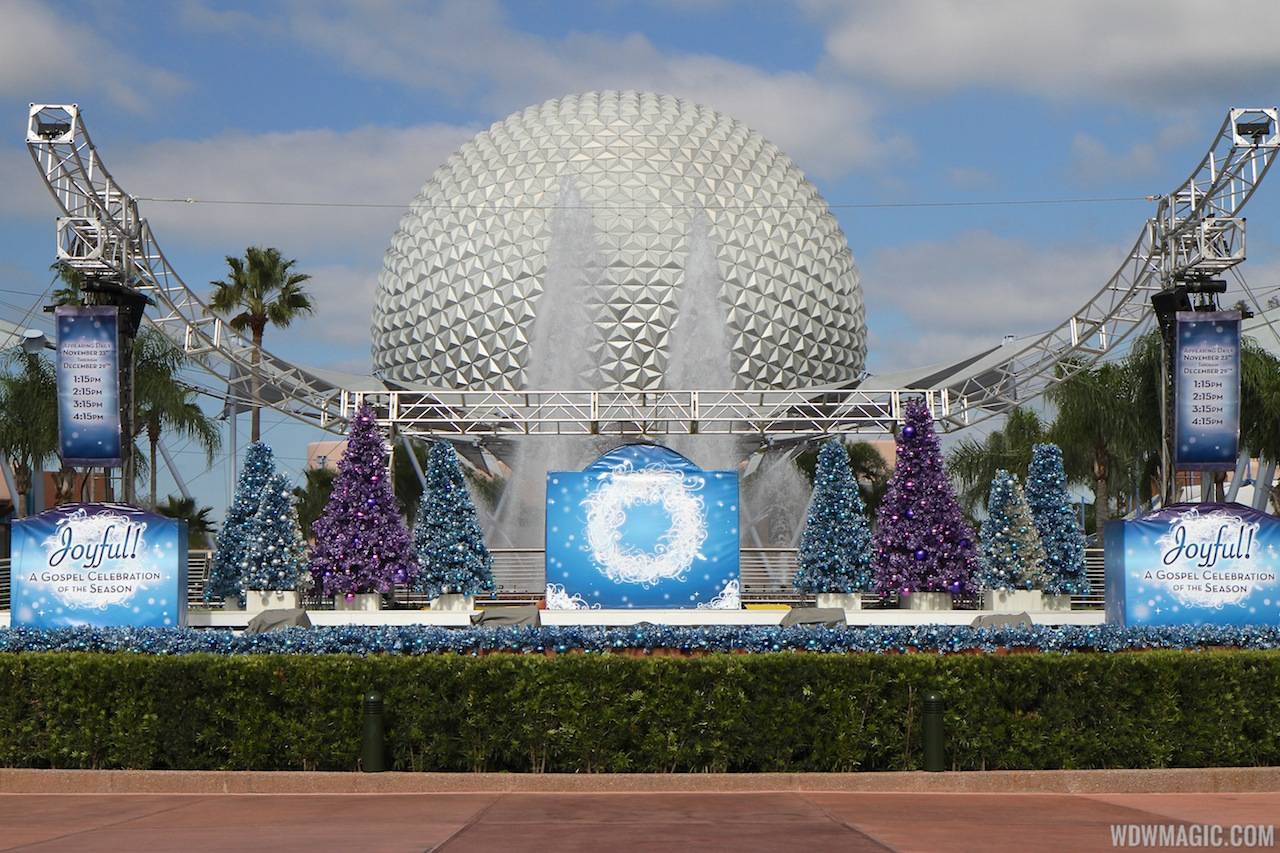 Epcot Main entrance decorations for 2012 - Fountain stage setup for JoyFull