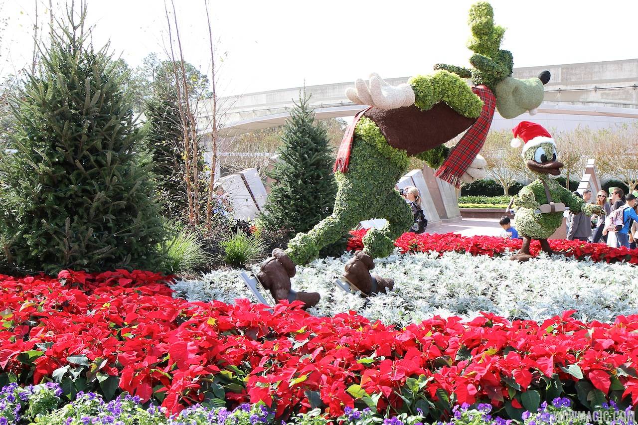 Epcot Main entrance decorations for 2012 - Goofy and Donald Topiary