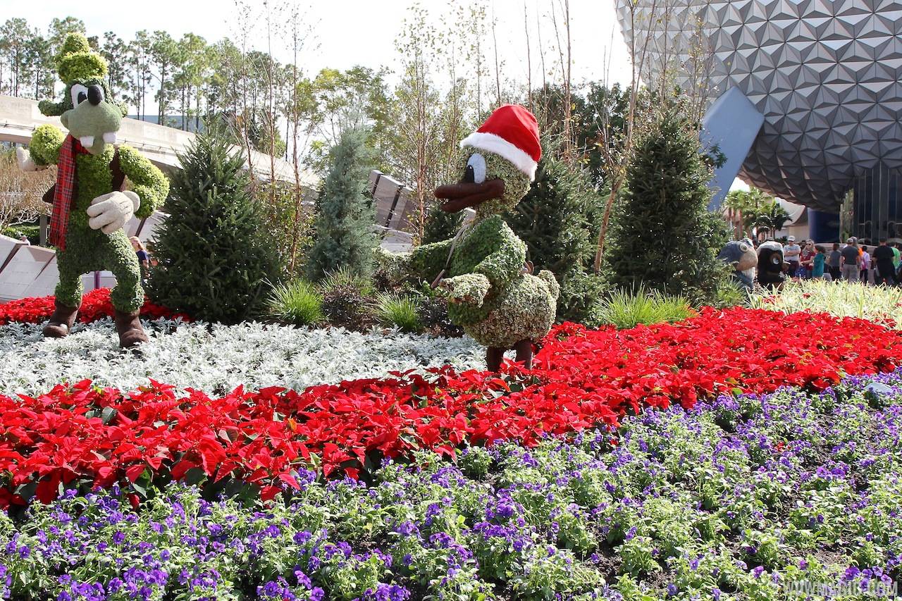 Epcot Main entrance decorations for 2012 - Goofy and Donald Topiary
