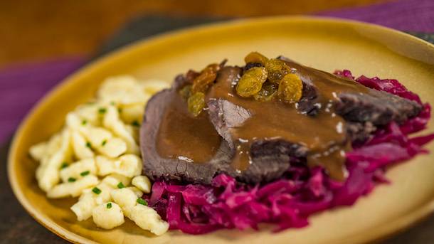 Sauerbraten with red cabbage and spätzle