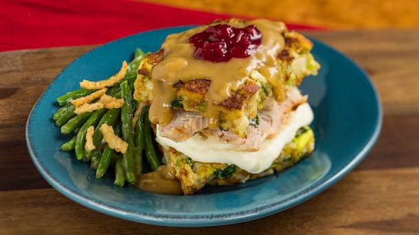 Slow-roasted turkey with stuffing, mashed potatoes and cranberry sauce