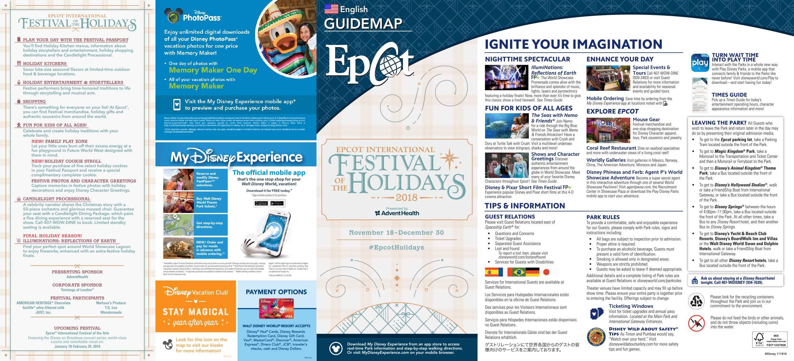 2018 Epcot Festival of the Holidays guide map and times guide