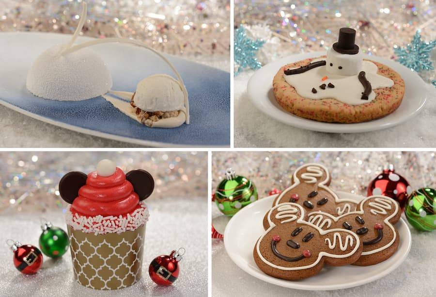Winter Signature Dessert, Melted Snowman Sugar Cookie, Santa Mickey Mouse Cupcake, Mickey Mouse Gingerbread Cookie 