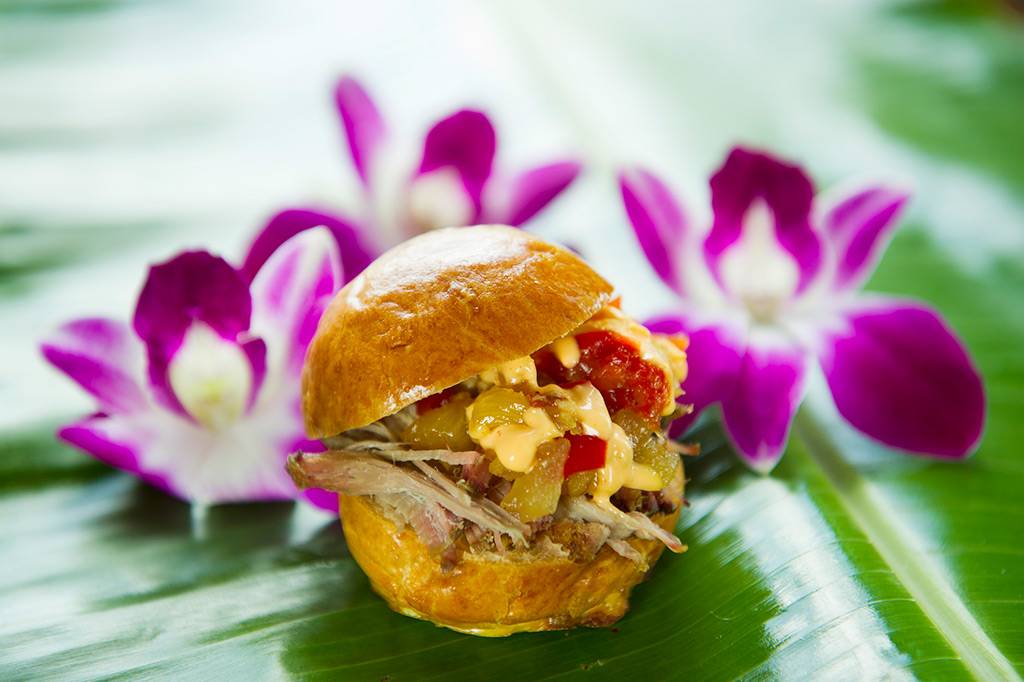 The Kalua Pork Slider (not the liqueur Kahlua but the Kalua barbecue method of cooking) debuts at the new Hawaii tasting marketplace