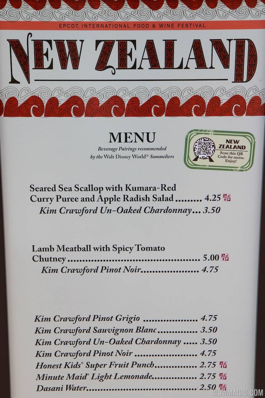 2012 Food and Wine Festival - New Zealand kiosk menu and prices