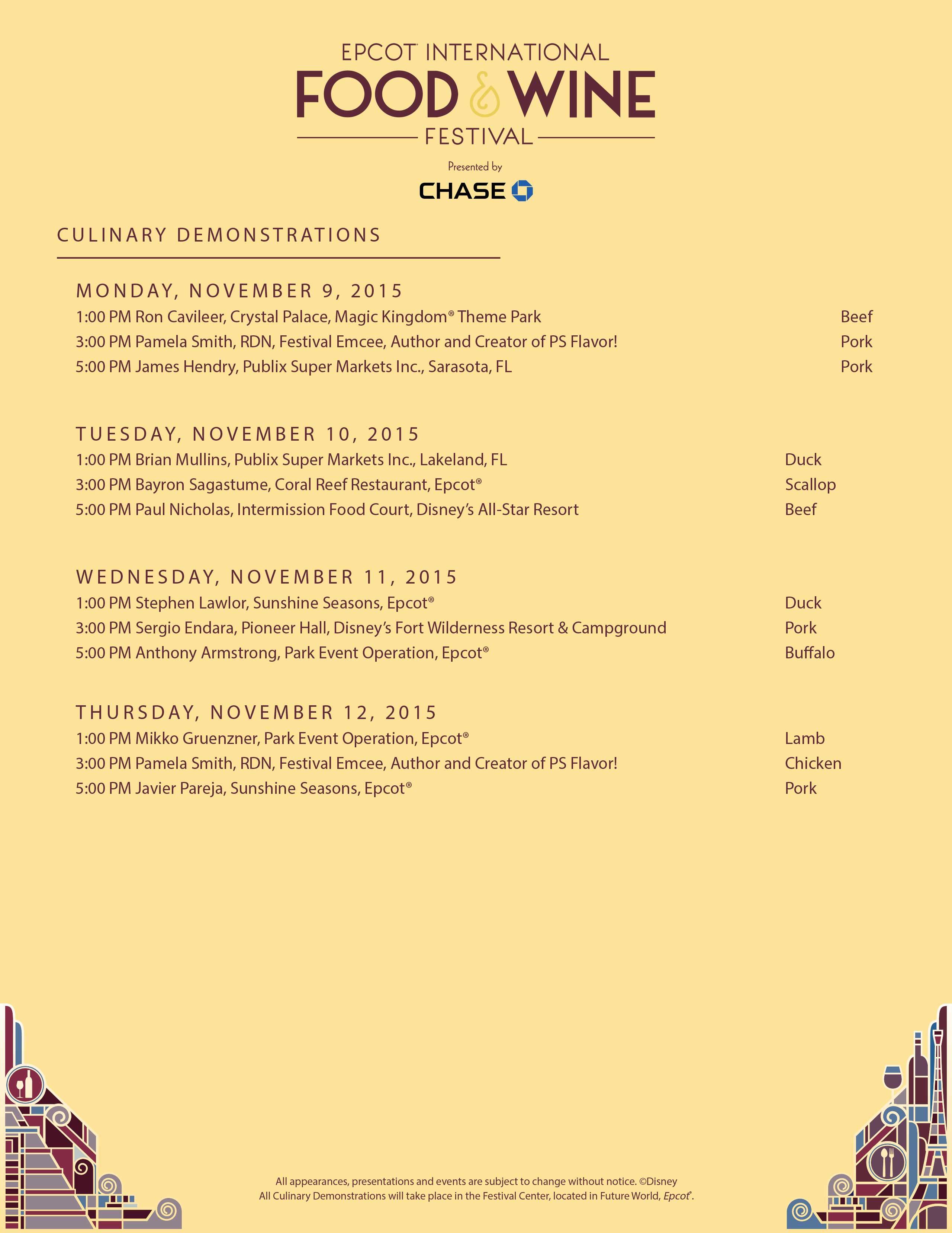 2015 Epcot Food and Wine Festival Culinary Demonstrations schedule