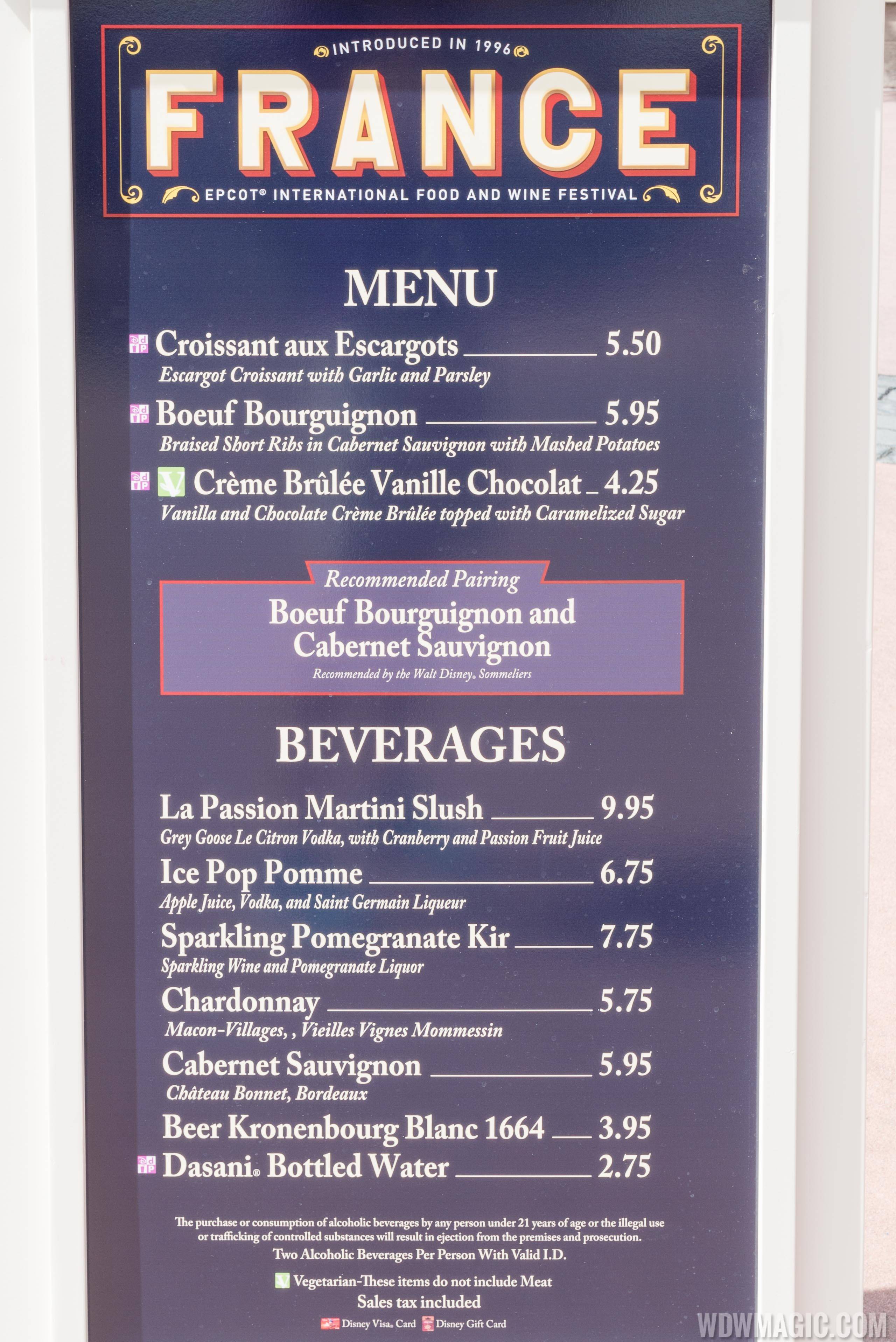 2015 Epcot Food and Wine Festival Marketplace kiosk - France menu