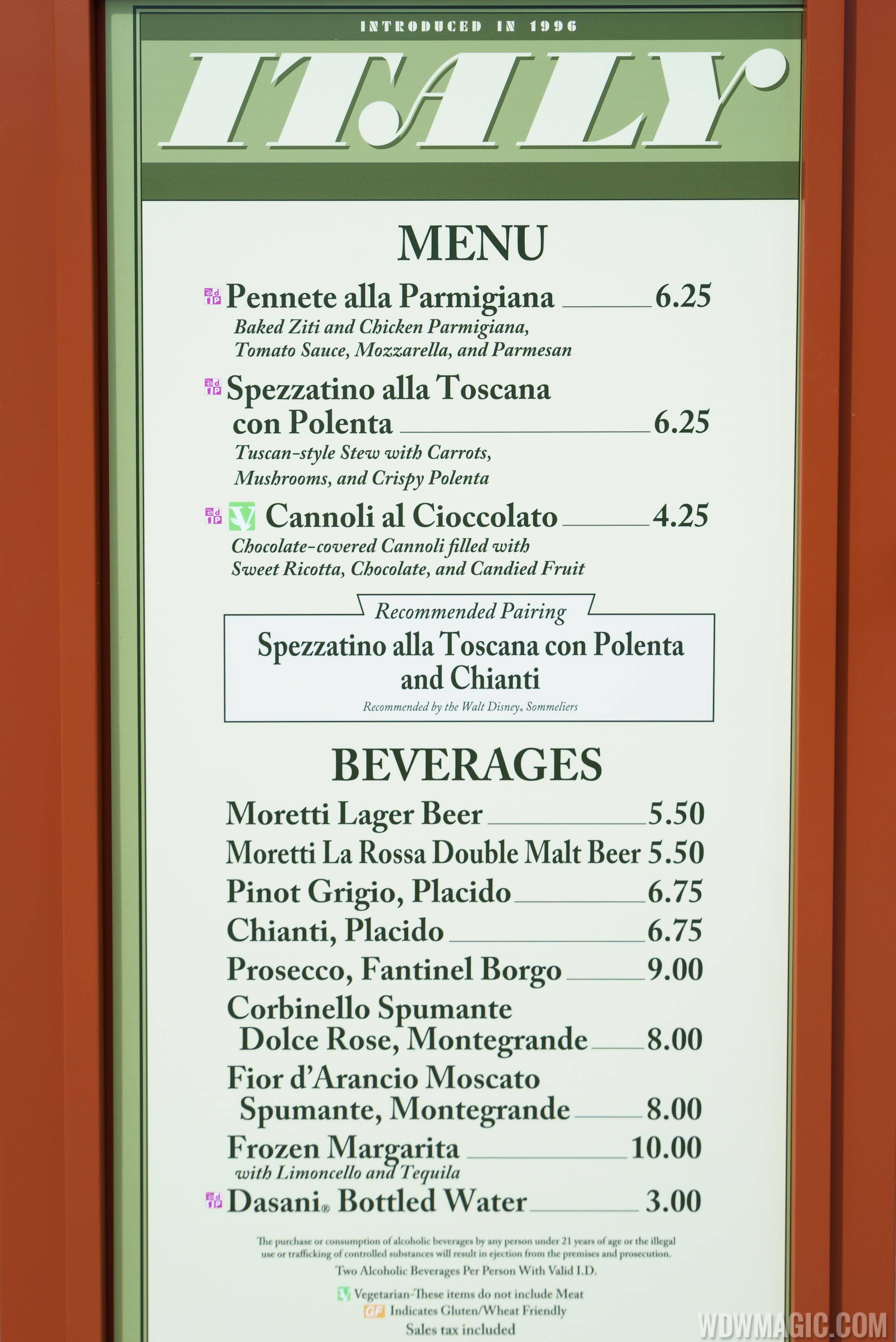 2016 Epcot Food and Wine Festival - Italy menu